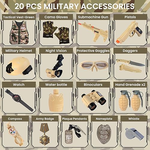 Miniatura 3 de Disfraz militar de 20 piezas para niños, soldado militar para niños de 3 a 10, juego de rol de equipo del ejército, disfraz de Halloween de