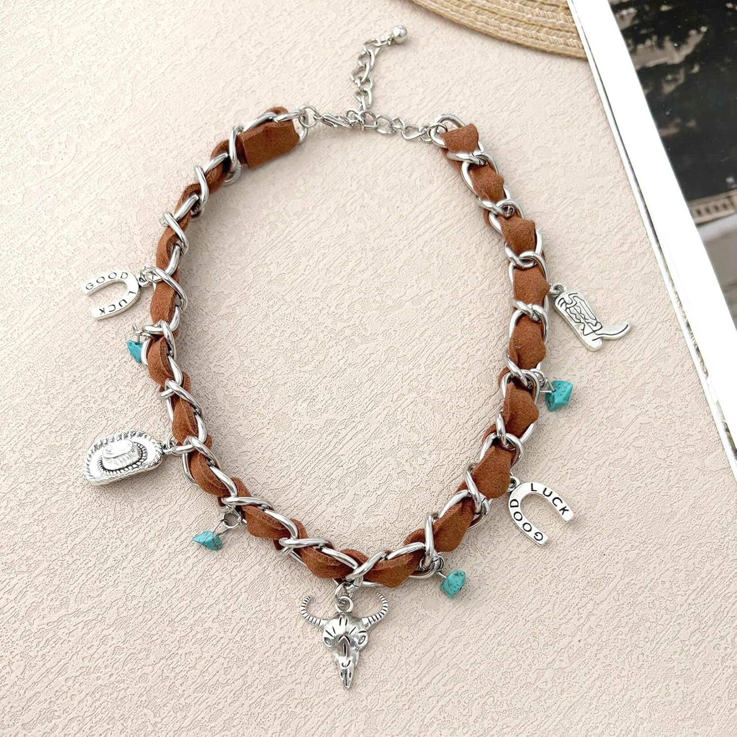 Cowgirl Necklace, Brown Velvet Choker Necklaces for Women, Western Silver Charm Necklace for Country Jewelry, Turquoise Choker for Good Luck - Image 5