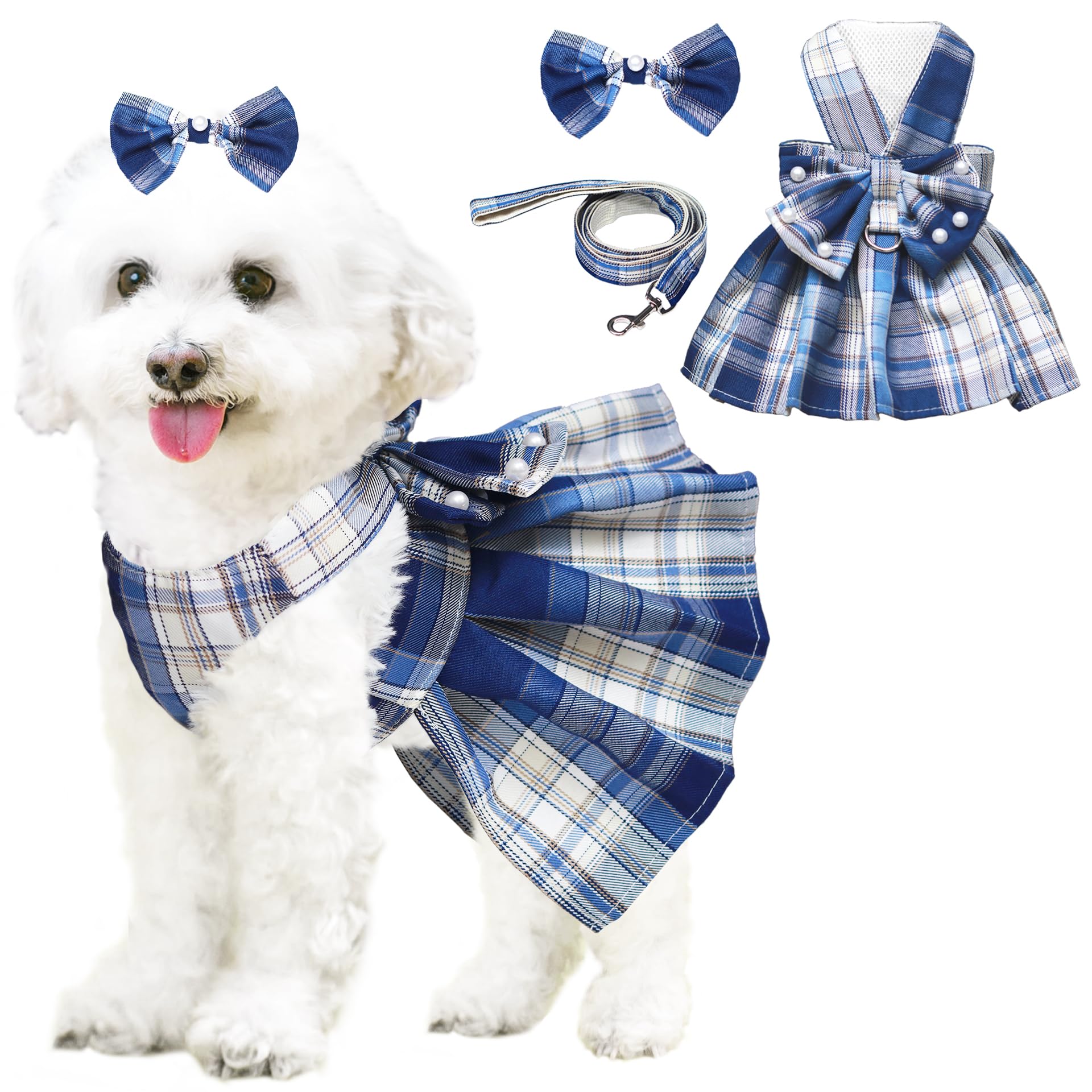 Dog Dress Bowknot Harness Leash Set for Small Dogs Girl Cute Plaid Dog Dress Pearls Bow Tie Spring Summer Princess Clothes Birthday Holiday Doggie Outfits for Puppy Cats Girl Apparel (Blue, X-Large)