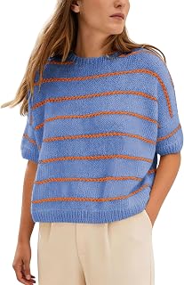 QIBABU Womens Short Sleeve Striped Sweater Cropped Lightweight Knit Tops