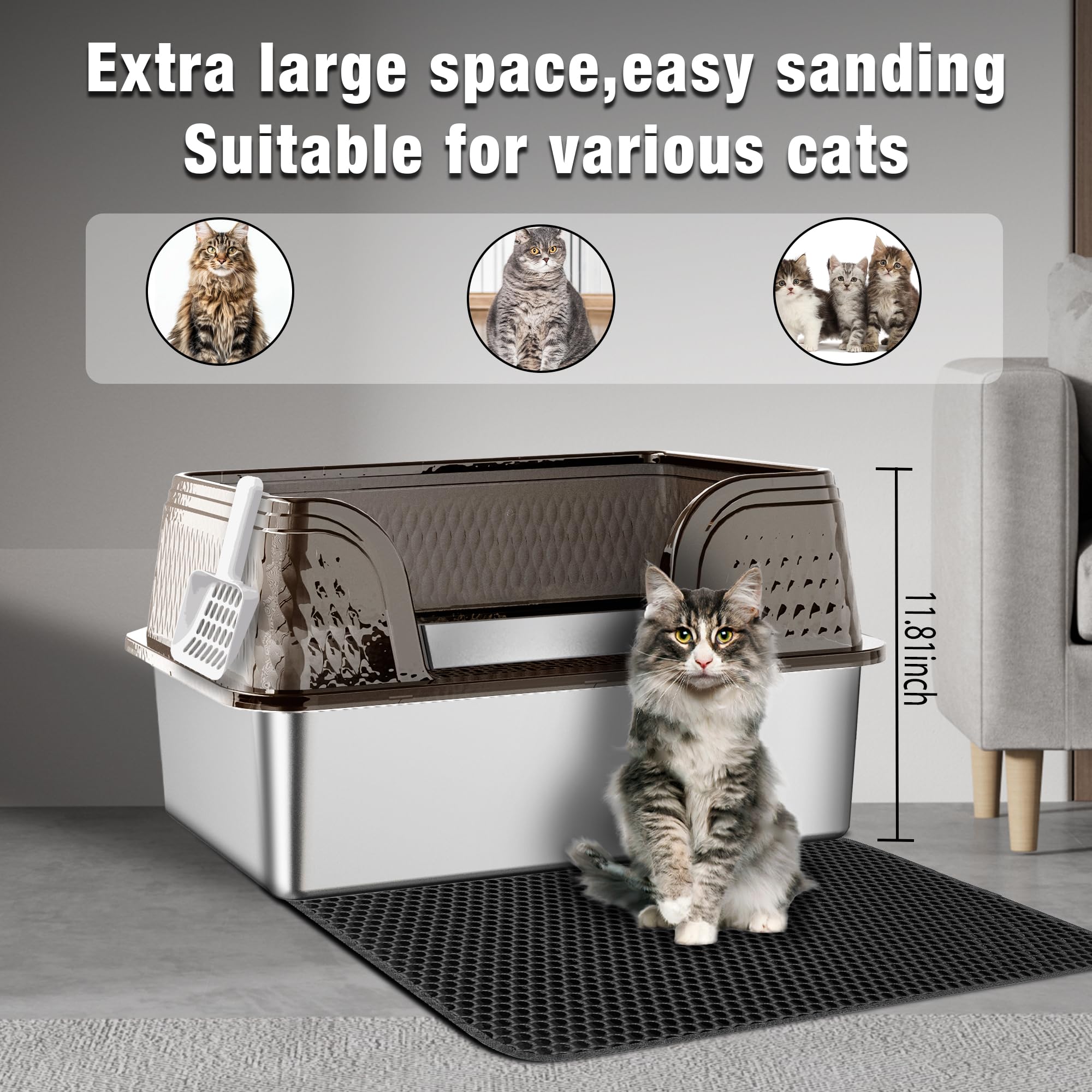 Suhaco Arenero para Gatos de Acero Inoxidable con Barrera (Negro XXL)