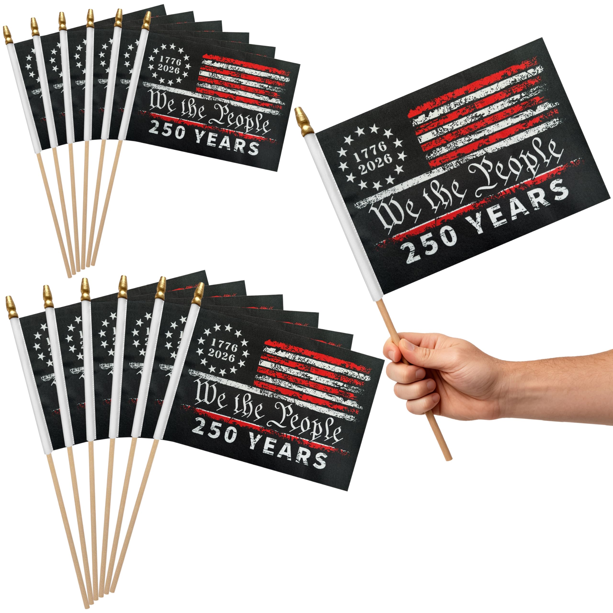 KERDA 12 Pack 250th Anniversary USA Flag Small 250 Birthday Anniversary Flags on Stick We The People 250 Years of Freedom 1776-2026 Patriotic Handheld Flags,5x8 Inch