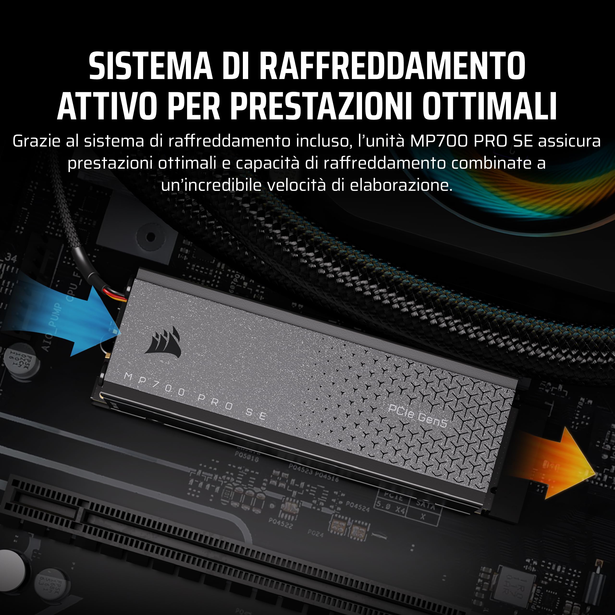Corsair MP700 PRO SE con Raffreddatore ad Aria 4 TB PCIe 5.0 x4 NVMe 2.0 M.2 SSD – M.2 2280 – Fino a 14.000 MB/sec in Lettura Sequenziale – NAND 3D TLC ad Alta Densità – Nero