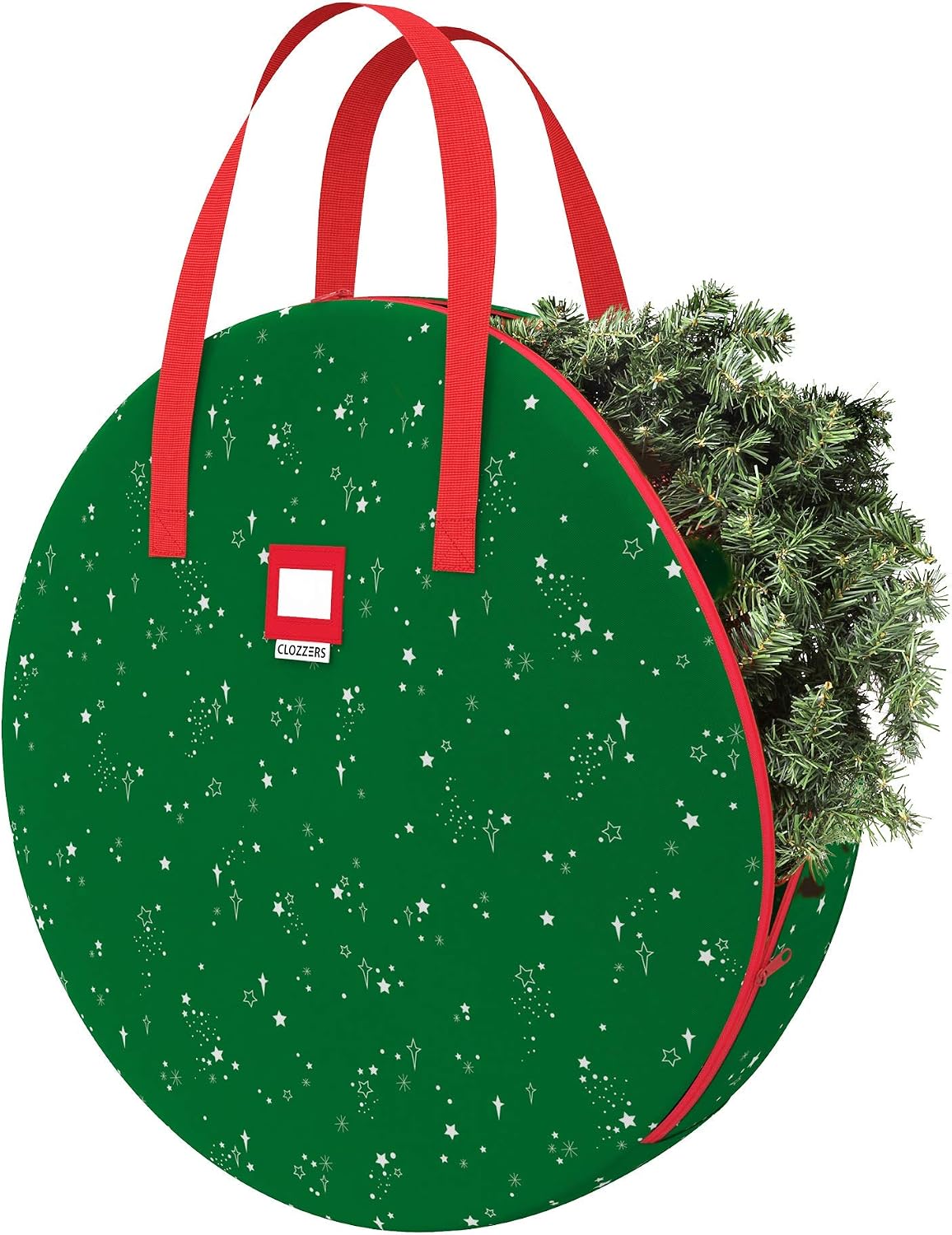CLOZZERS Christmas Wreath and Garland Bag with Durable Zippered Closure and Sturdy Handles, for Wreaths up to 30” Inches, Heavy Duty, Tear Proof and Water Resistant, Green Stars Print