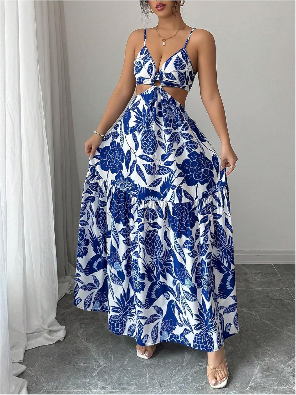 SOLY HUX Women's Boho Floral Print Ruffle Dress Tie Backless Deep V Neck Flowy Maxi Vacation Sundress - Image 3