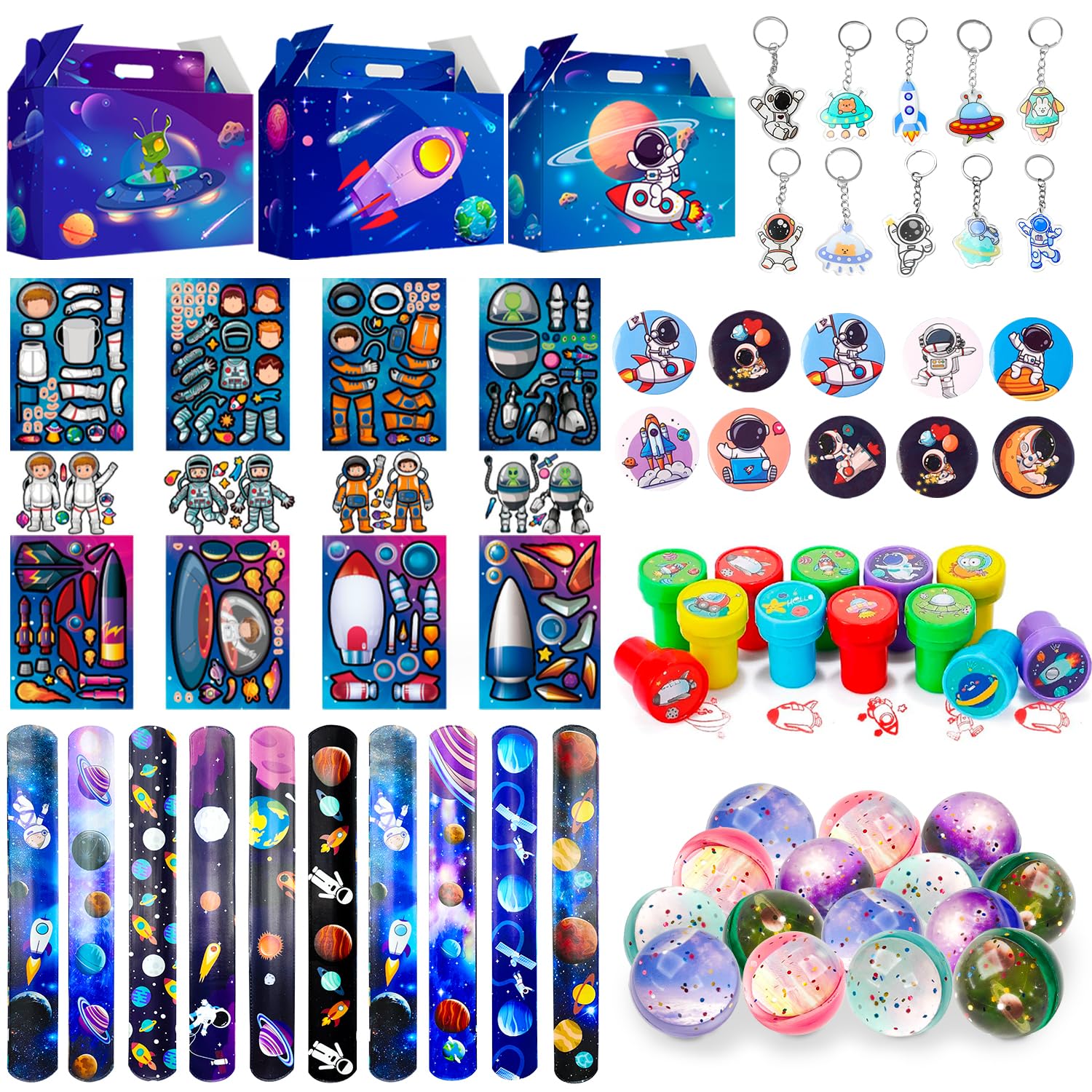 Space Party Favors, 70pcs Space Themed Party Favors, Space Birthday Decorations Included Space Goodie Bags Stamp Slap Bracelet etc for Space Themed Birthday Party Supplies