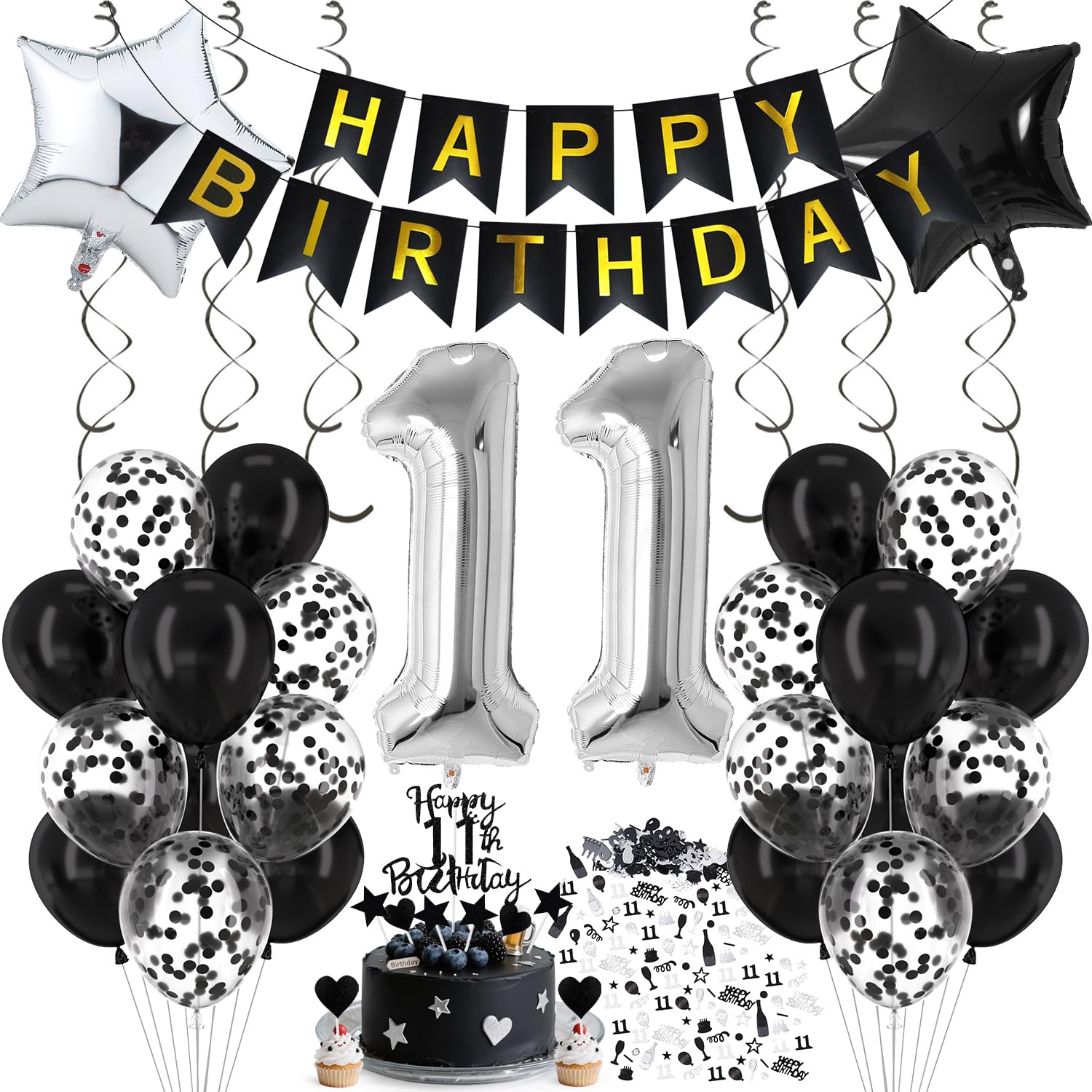 Cadimus Luftballon 11. Geburtstag Schwarz Silber, Deko 11. Geburtstag, Luftballon 11, Black and White Party Deko, Luftballons Schwarz Silber, Geburtstagsdeko für 11 Jahre Junge und Mädchen