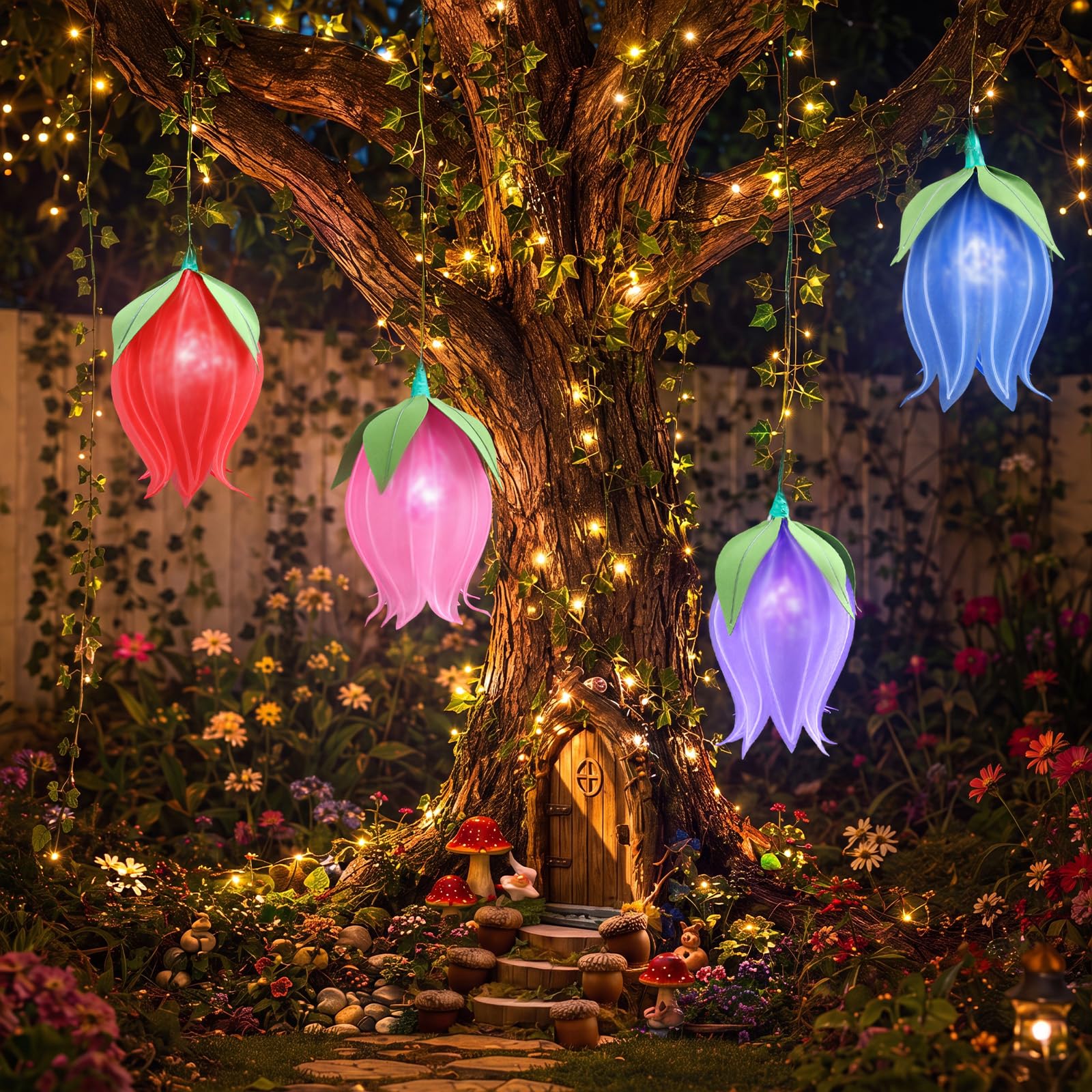 XunYee Verzauberte Waldfee, LED-Kunstlilien des Tals, hängende Dekoration mit Pothos-Reben, Wildblume, 3D-Fee, Party-Dekorationen für Gartenparty, Wald, Geburtstag, 6 Stück (mehrfarbig)