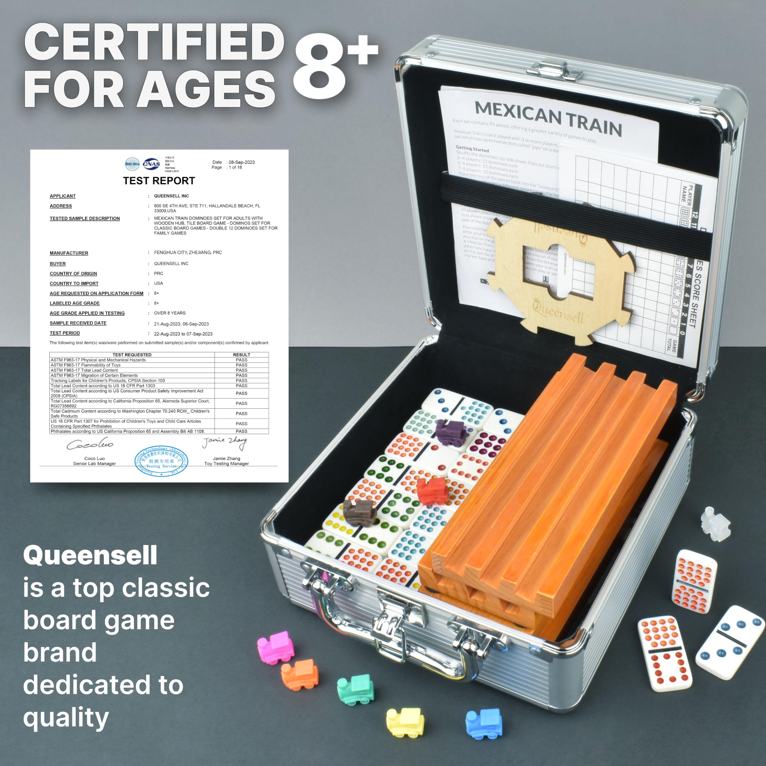 Queensell Set de Dominos Mexicains Double 15 avec 8 Supports - Moyeu et Porte-Jetons en Bois - Double 15 avec Points (D15 + 8 Supports)