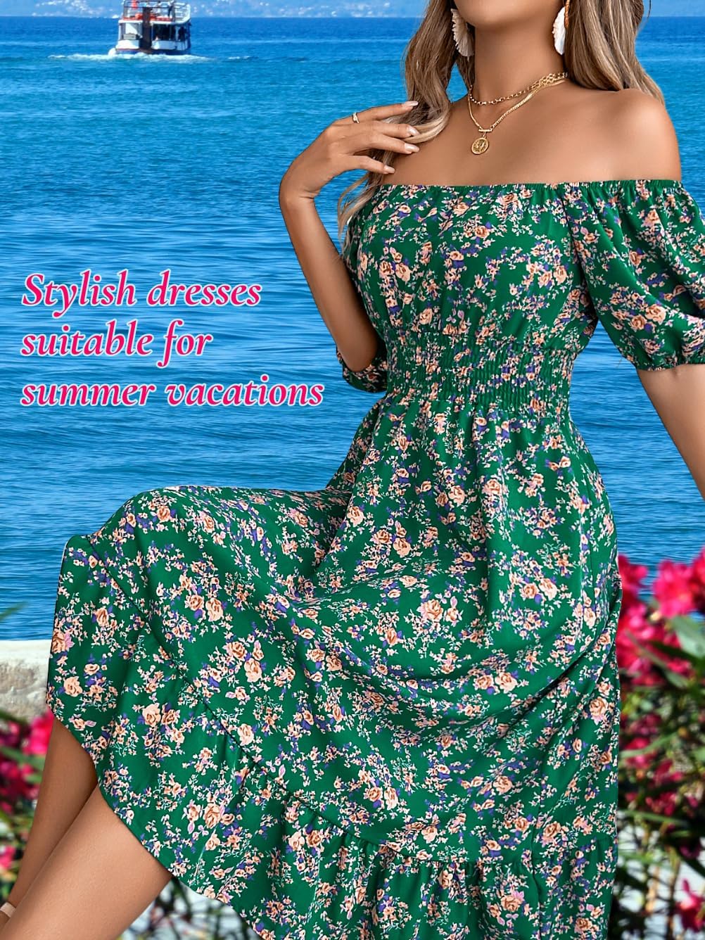 Floral Dress for Women, Puff Sleeve A Line, Spring Tea Party, Knee Length Casual Flowy Milkmaid Boho Flower - Image 4