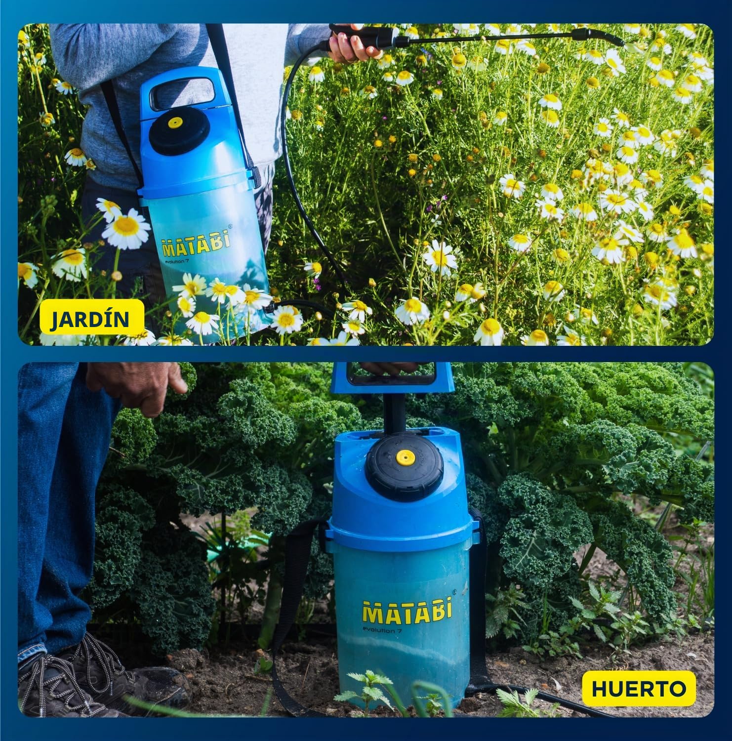 Matabi Evolution 7 - Pulverizador Plantas 5L - Lanza de Fibra de Vidrio | Sulfatadora Manual Previa Presión con Manguera de 1,3m - Tapa con Dosificador Integrado - Fumigadora para Huerto y Jardín