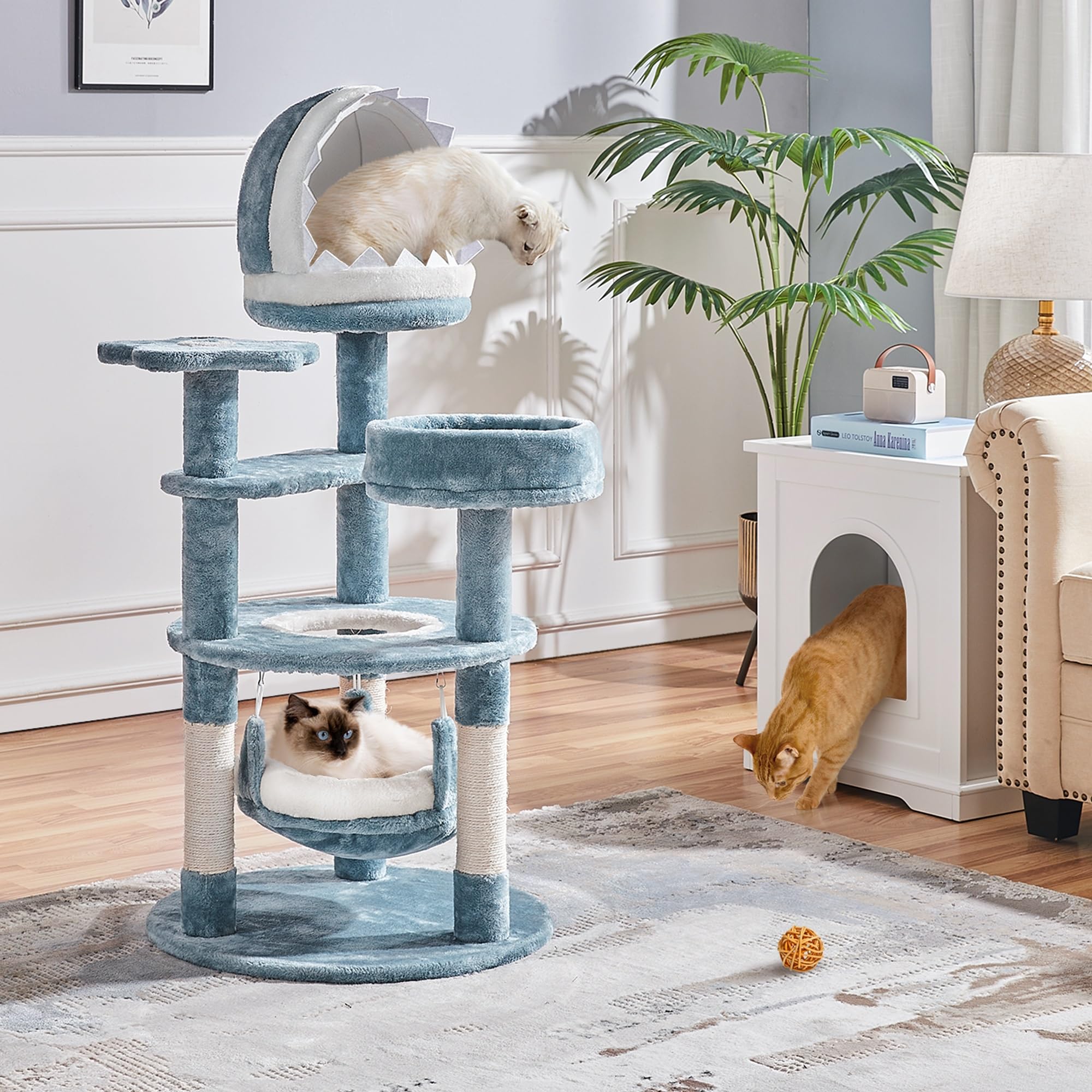 Yaheetech Albero Tiragraffi per Gatti 115 cm con 2 Posatoi Amaca Cuccia a Forma di Squalo Corda di Sisal Naturale Stile Oceano Gioco Blu Bianco