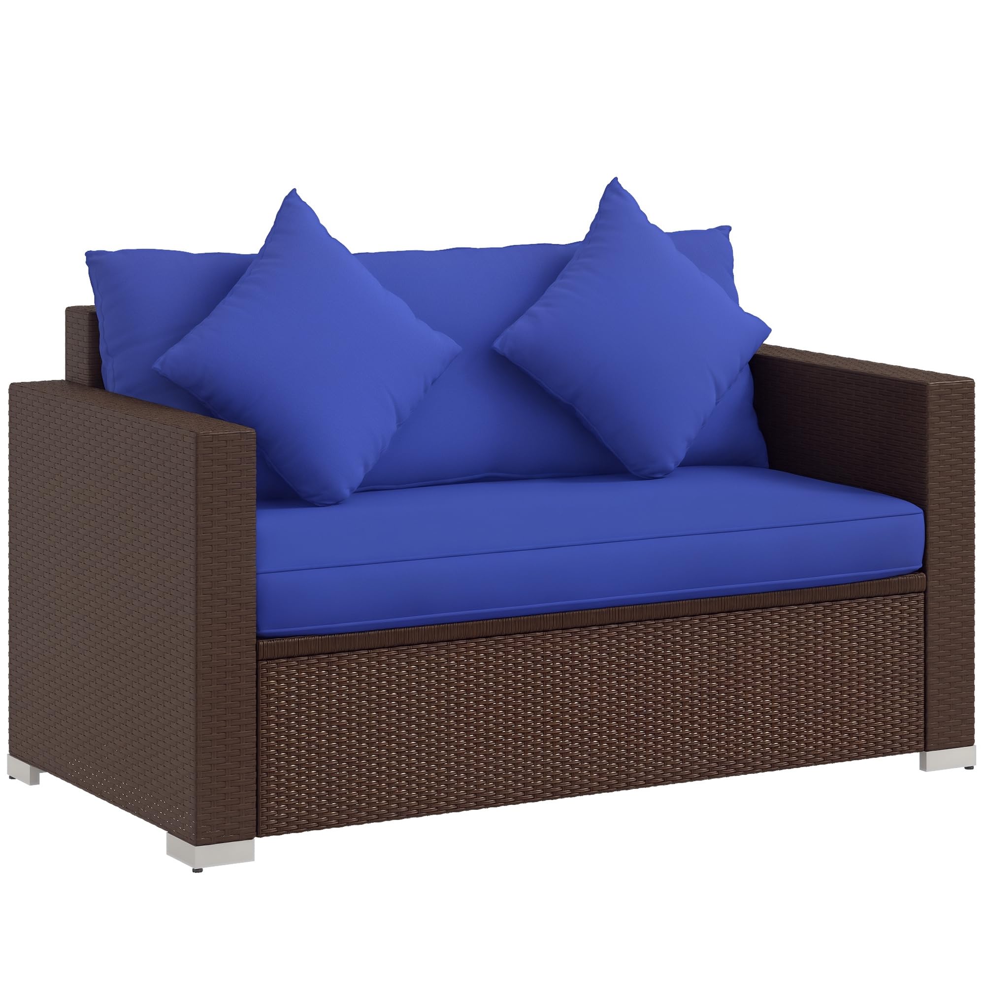 Outsunny Patio Wicker Loveseat with Cushions, 2-Seat Outdoor PE Rattan Couch Sofa with Throw Pillows, for Porch, Backyard, Garden, Poolside, Blue