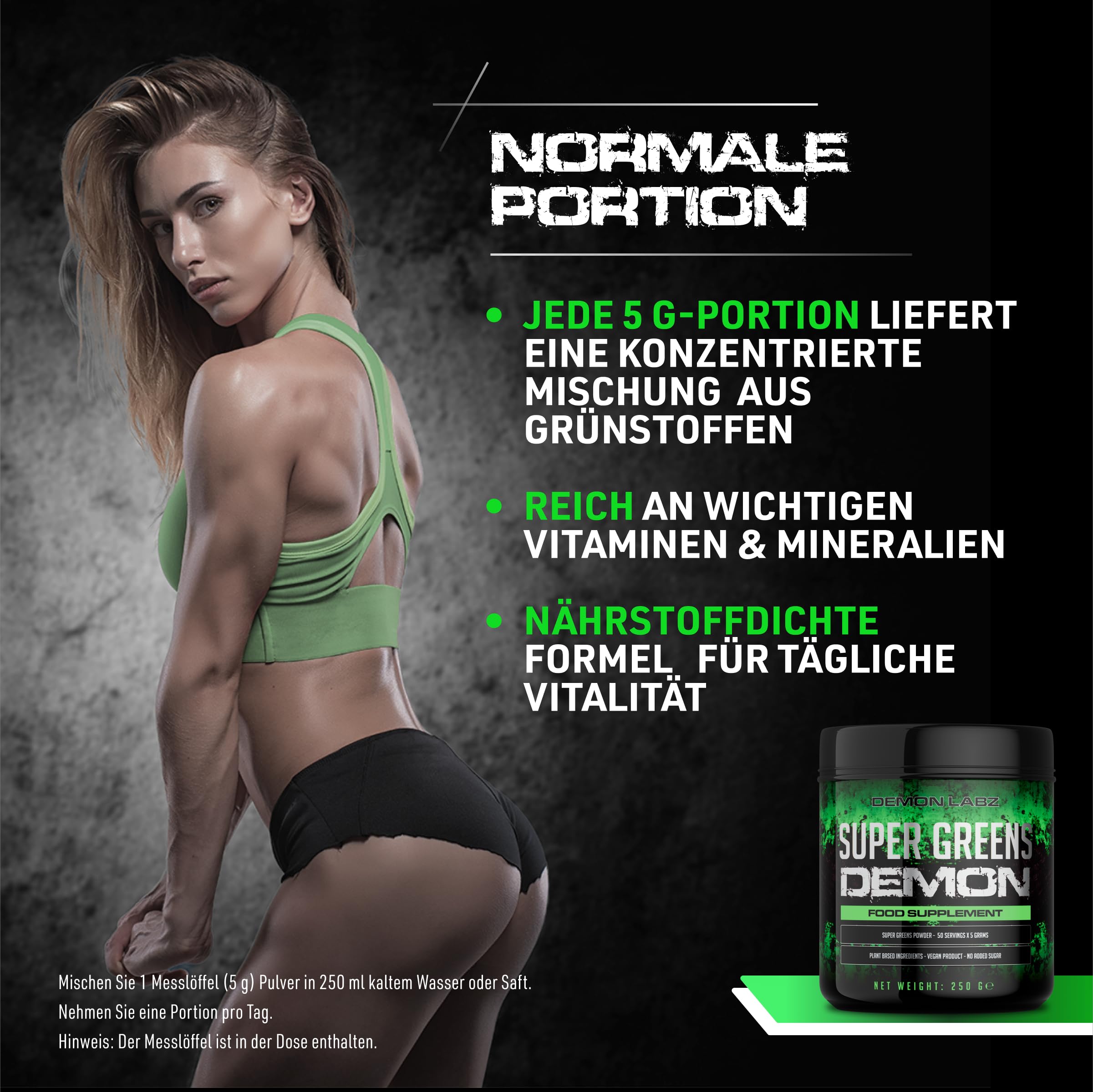 Super Greens Demon - Vollgepackt mit Gemüse und Superfoods, Vegan & Vegetarierfreundlich, Superfood-Pulver, Smoothiepulver gemischt in Deutschland ohne künstliche Zutaten (250g, 50 Portionen)