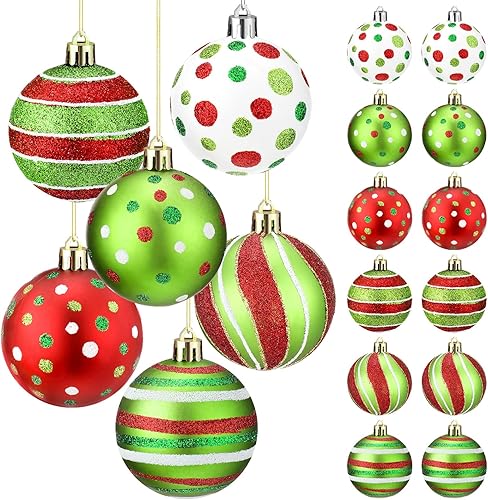 Liliful 12 Pcs 2.4 Inch Christmas Ball Ornaments Glittering Plastic Hanging Decorations Elf Balls Swirl Candy Cane Peppermint Red and Green