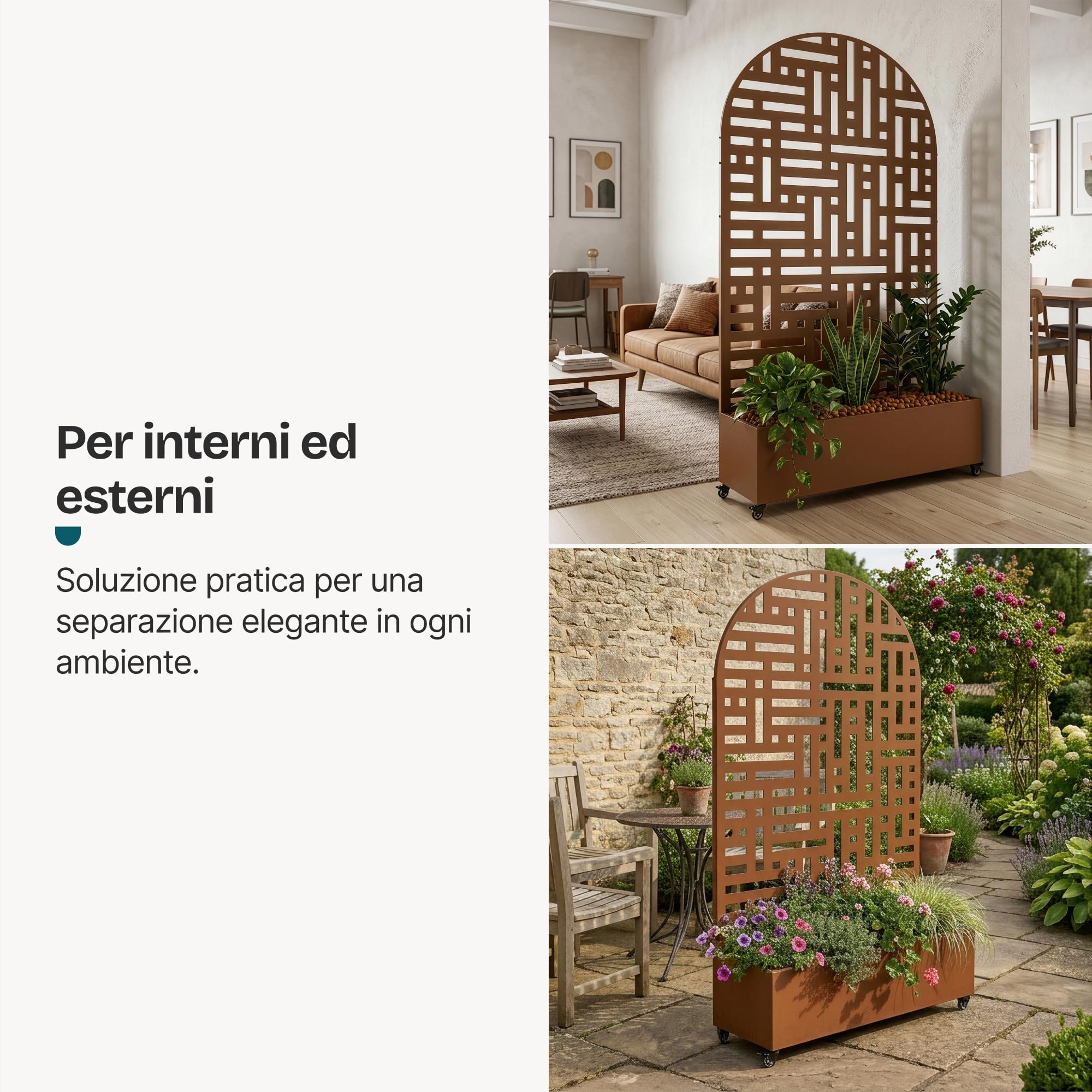 casa.pro Fioriera con Spalliera Arcuata in Acciaio 190x120x38 cm Marrone | Zincato Pannello Divisorio Decorativo Portapiante a Rotelle Separè Privacy Ruote da Interno Esterno Giardino Terrazza