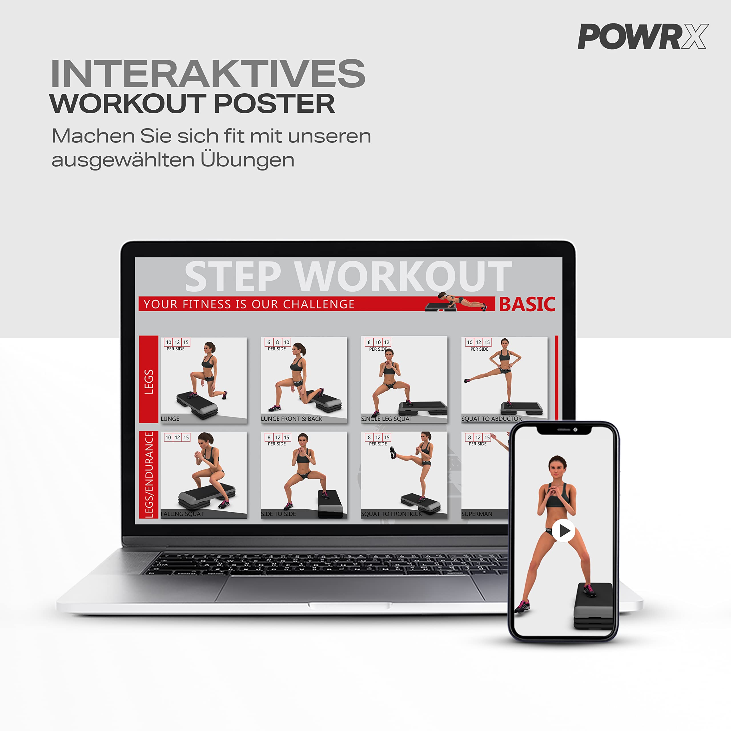 POWRX Steppbrett für Zuhause inkl. Workout I Stepper höhenverstellbar und rutschfest für Aerobic, Gymnastik und Fitness I Home Step Stepbench (Weiß)