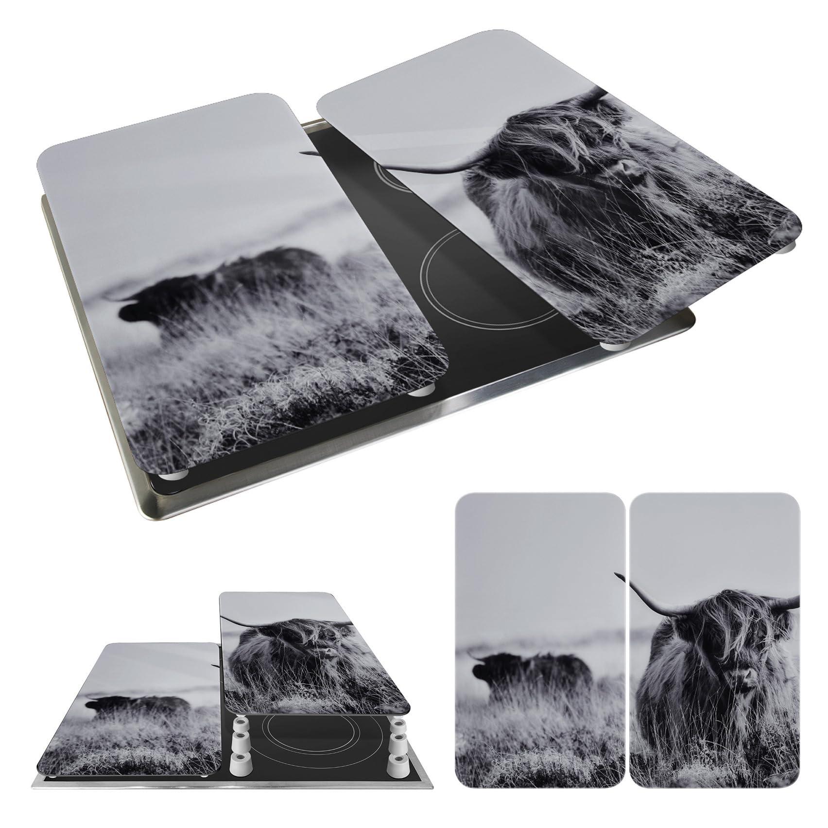 WENKO Coprifornelli Universale Mod Mucca Highland, regolabile in altezza per tutti i tipi di fornelli, tagliere e paraspruzzi, vetro, 30 x 52 cm, 2 pezzi