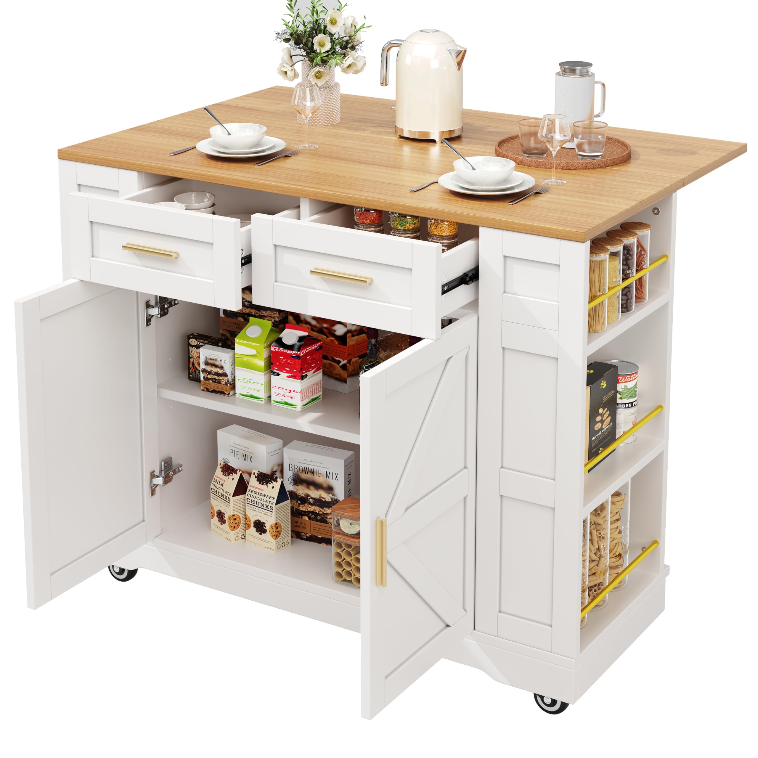 BTM Mobile Kitchen Island Table with Storage Racks & Drawers Storage Trolley with Foldable Worktop Kitchen Cabinet, White
