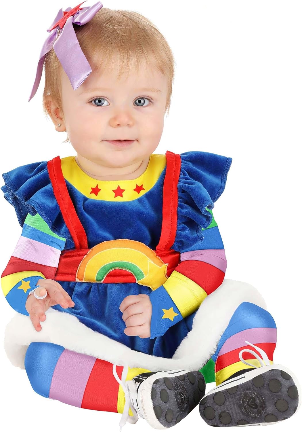 Infant Rainbow Brite Costume, Colorful Character Outfit For Baby's With Character Dress, Rainbow Tights, And Satin Hair Bow