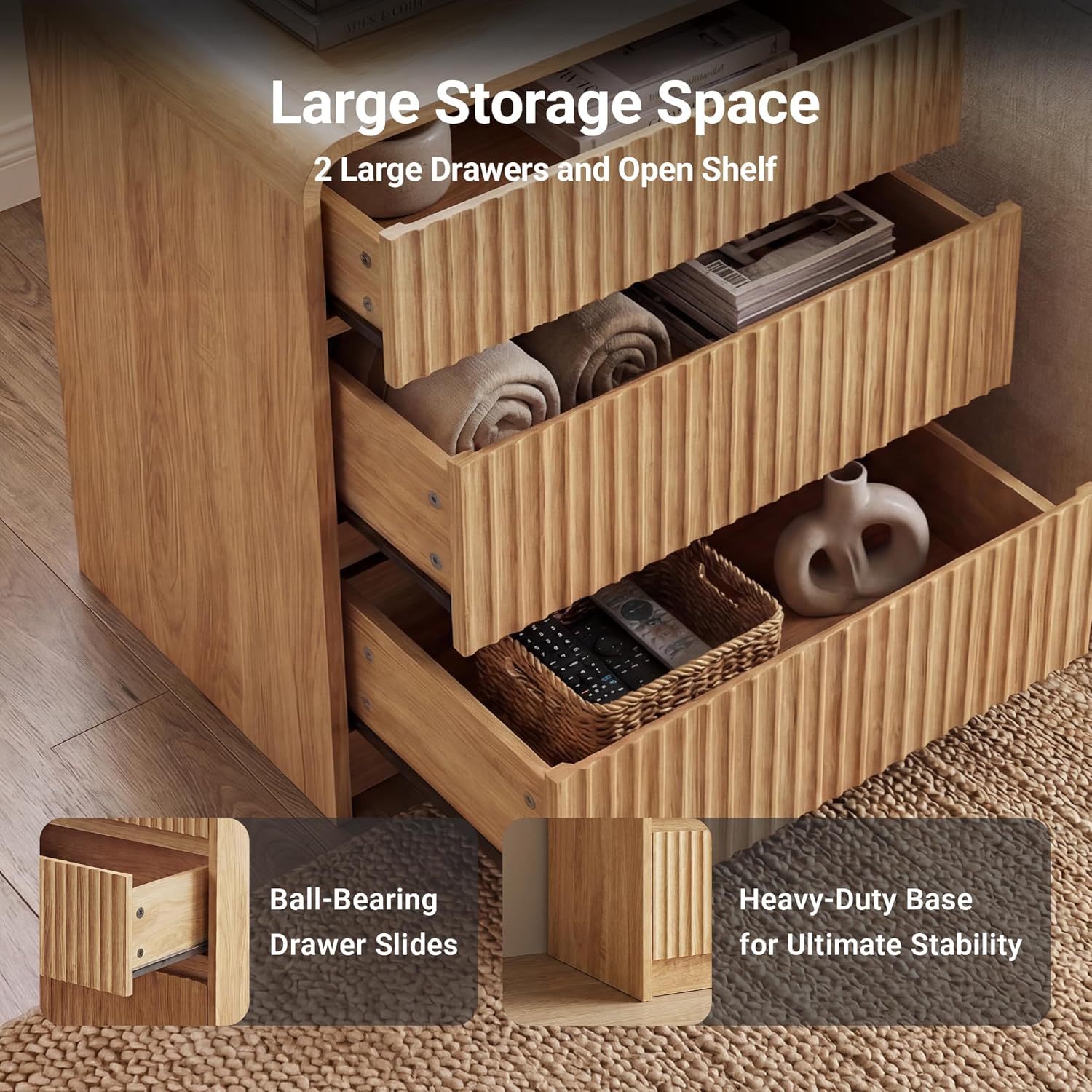 Seang Nightstand Set of 2,Fluted Nightstand with Charging Station,Wooden Bedside Table with Curved Profile Design,3 Drawers Storage,Large End Table for Bedroom,Living Room,Natural.