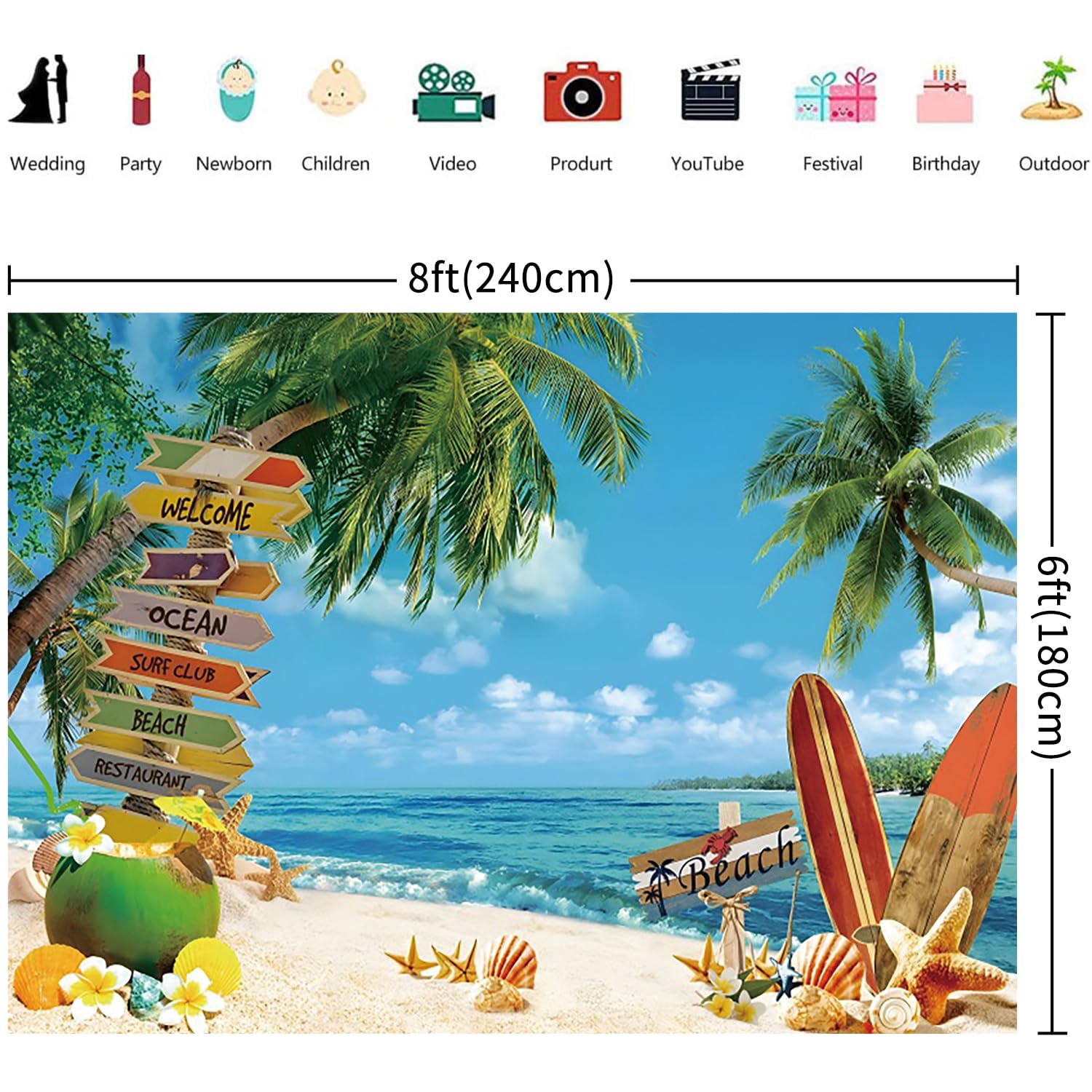 2.4x1.8m Sfondo Spiaggia estate tropicale palme mare isola blu mare cielo fotografia sfondo matrimonio baby shower compleanno Hawaii Aloha Luau Party decorazioni banner Photo Booth Props