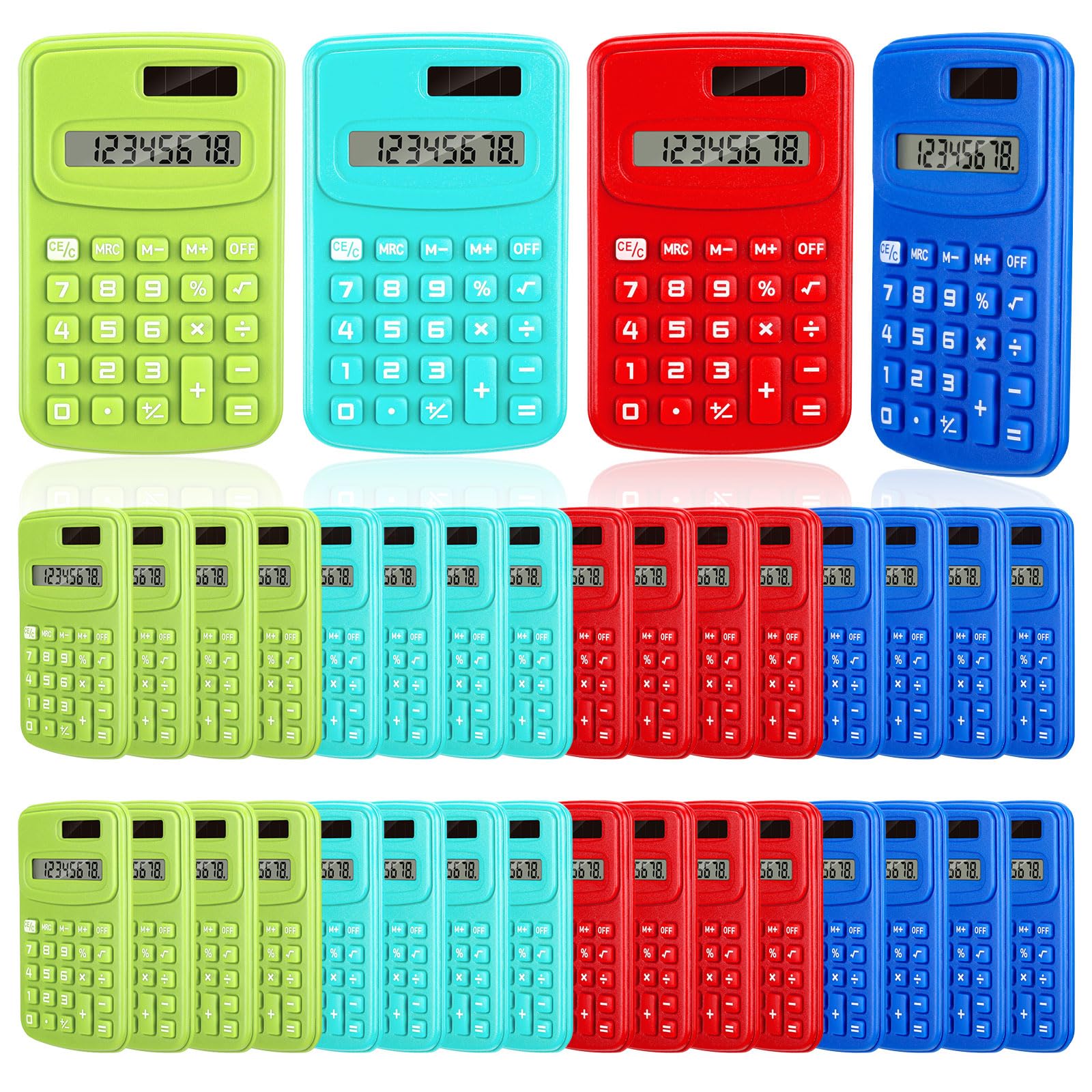 LEIFIDE Lot de 36 petites calculatrices de poche basiques à 4 fonctions, affichage à 8 chiffres, alimentation par piles pour bureau, maison, bureau, école, étudiants, enfants (couleurs classiques)