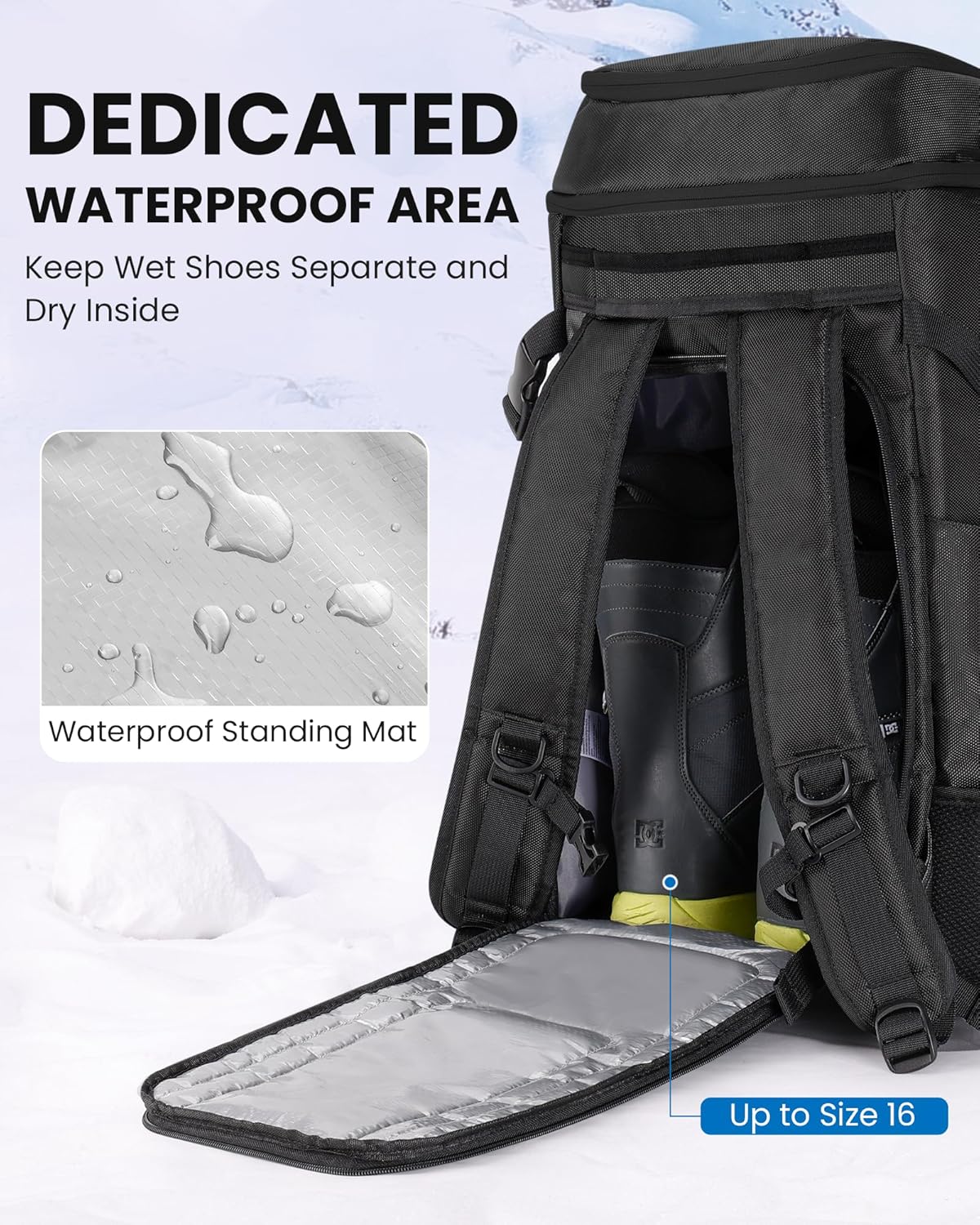 OutdoorMaster Ski Boot Bag, 65L Snowboard Boots Travel Backpack for Helmet, Ski Shoes, Goggles, Gloves and Accessories, Waterproof Exterior & Bottom