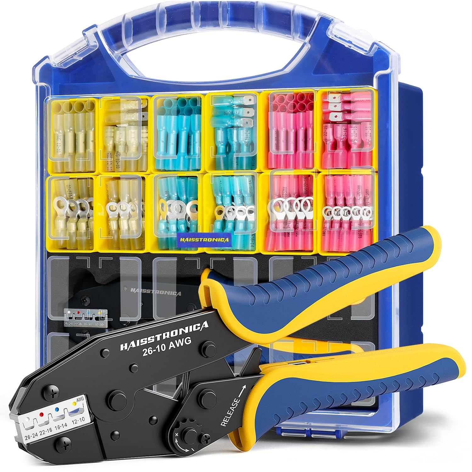 haisstronica 320PCS Heat Shrink Wire Connectors Set, 22-10AWG Marine Grade Heat Shrink Electrical Connectors with 9" Crimping Tool and Organizer (3Color/15Size)