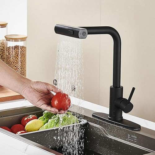 Miniatura 9 de Grifo de cocina con rociador extraíble, grifo de fregadero de cocina de acero inoxidable con un solo orificio con toque de cascada negra, grifos
