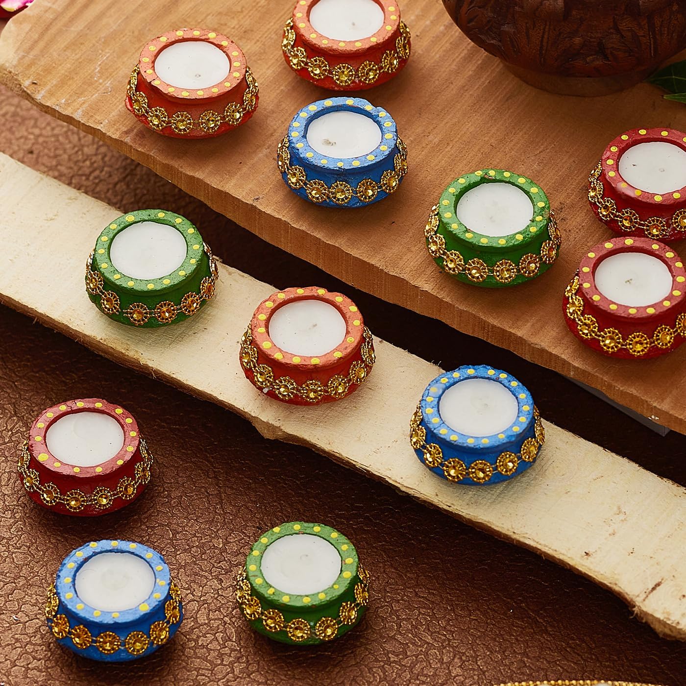 TIED RIBBONS Handmade Clay Wax Filled Diyas Earthen Diya (Pack of 12) for Diwali Decoration Home Puja Pooja Room Office Mandir Temple Table Dipawali Decor Items (Multi, 4.75 cm x 2.5 cm)