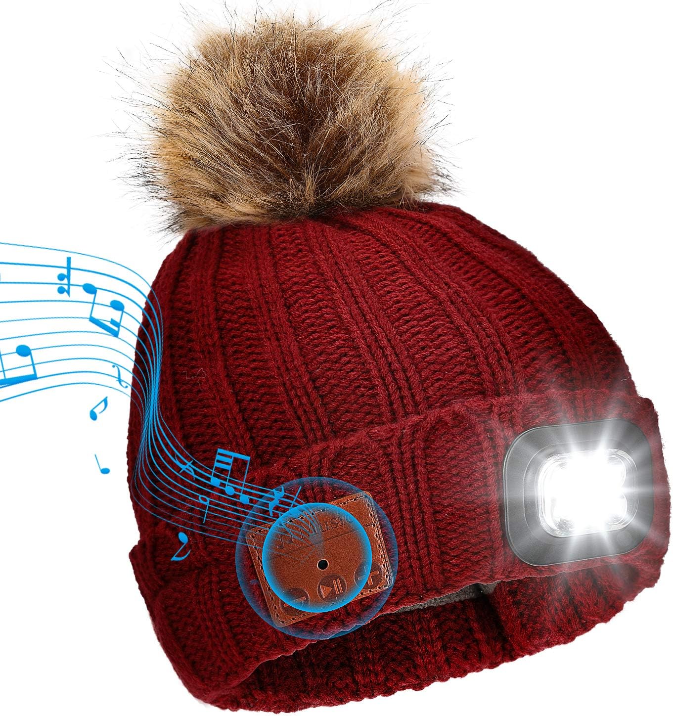 Wireless Bluetooth Beanie Hat with 4 LED Headlamp USB Rechargeable V5.0 Beanie Hat Warmer Fleece Lined Built-in Stereo Speakers and Mic for Women Running Skiing Hiking Camping Cycling Red