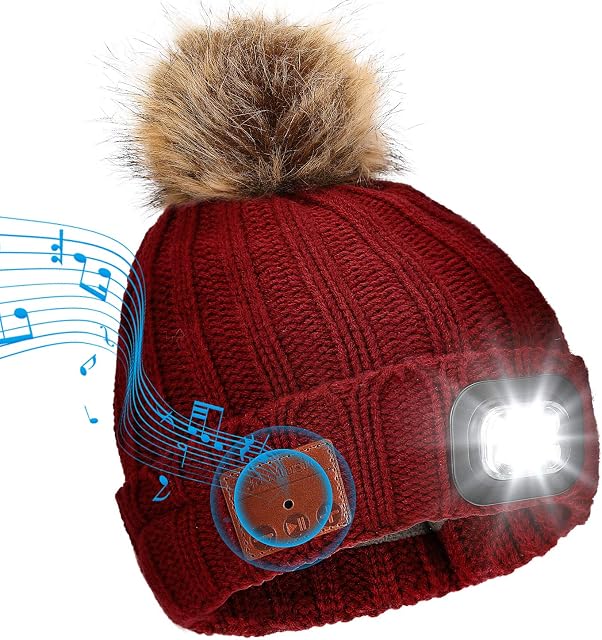 Achort Wireless Bluetooth Beanie Hat with 4 LED Headlamp USB Rechargeable V5.0 Beanie Hat Warmer Fleece Lined Built-in Stereo Speakers and Mic for Women Running Skiing Hiking Camping Cycling