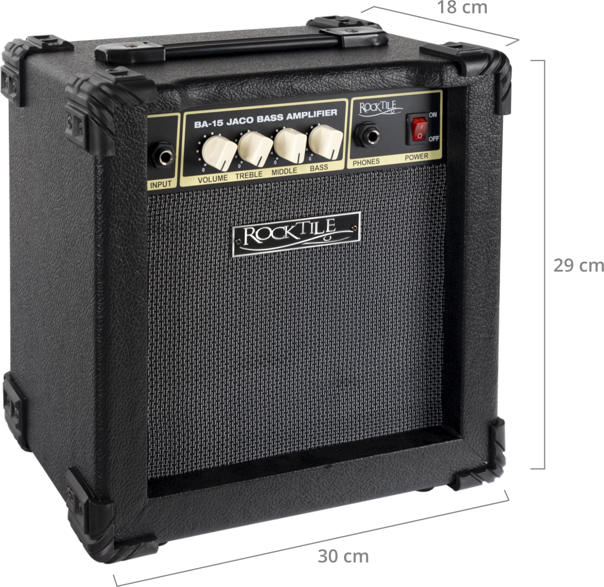 Rocktile BA-15 Jaco Basscombo (Amplificador Combo para bajo con 15 vatios, para Bajos Activos y pasivos, Altavoz de 6,5") Negro