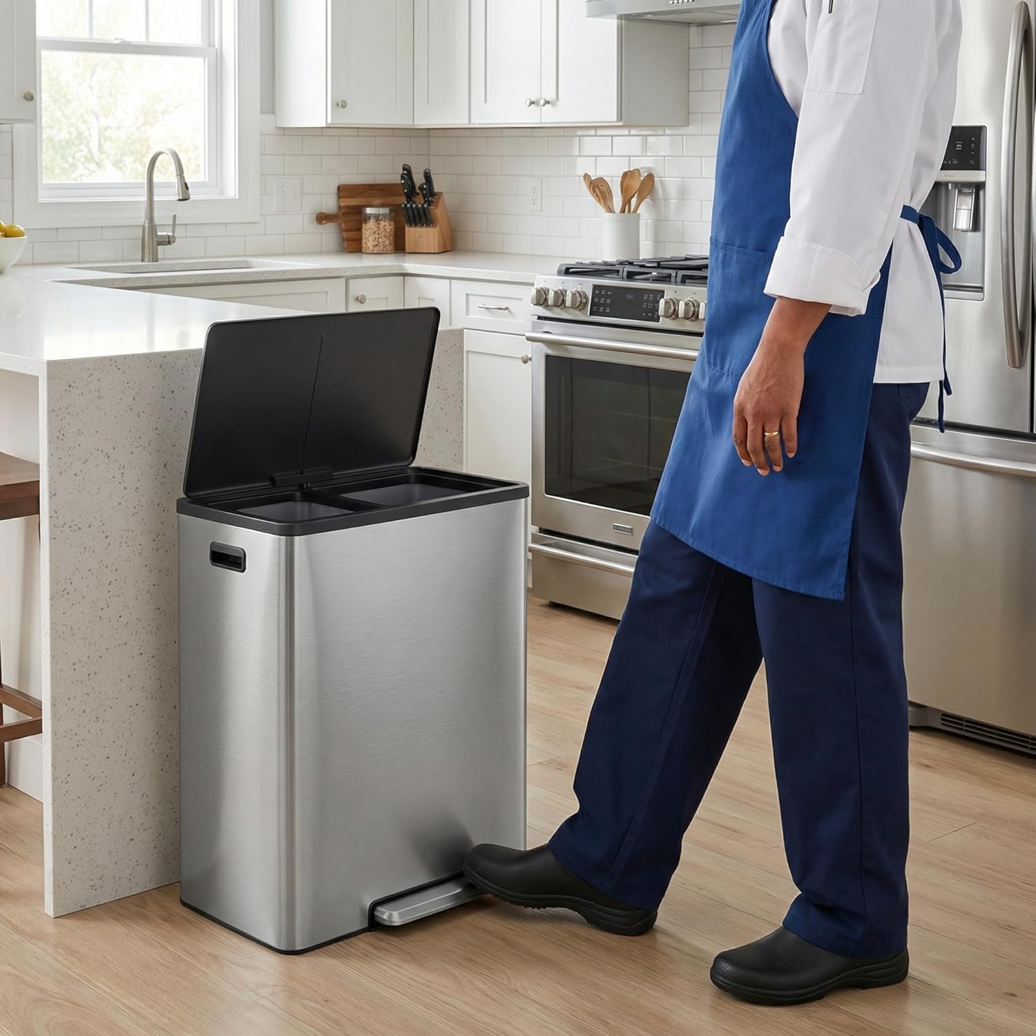 GarveeHome 60L/16 Gallon Dual Compartment Step Trash Can with Silent-Close Lid – Stainless Steel Recycling Bin for Kitchen, Office, Living Room – Odor Control & Pet-Proof Design
