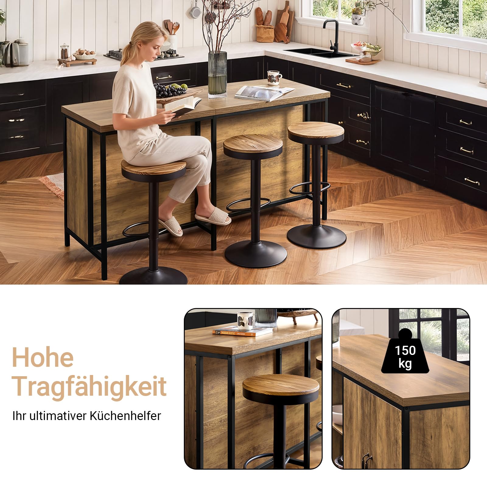SoBuy Freistehende Kücheninsel & Küchenschrank Multifunktionale Küchenaufbewahrungseinheit, Sideboard, Buffet im Industrie-Design, Vitrinenschrank für Küche und Wohnzimmer 170x89x60 cm KNL01-F
