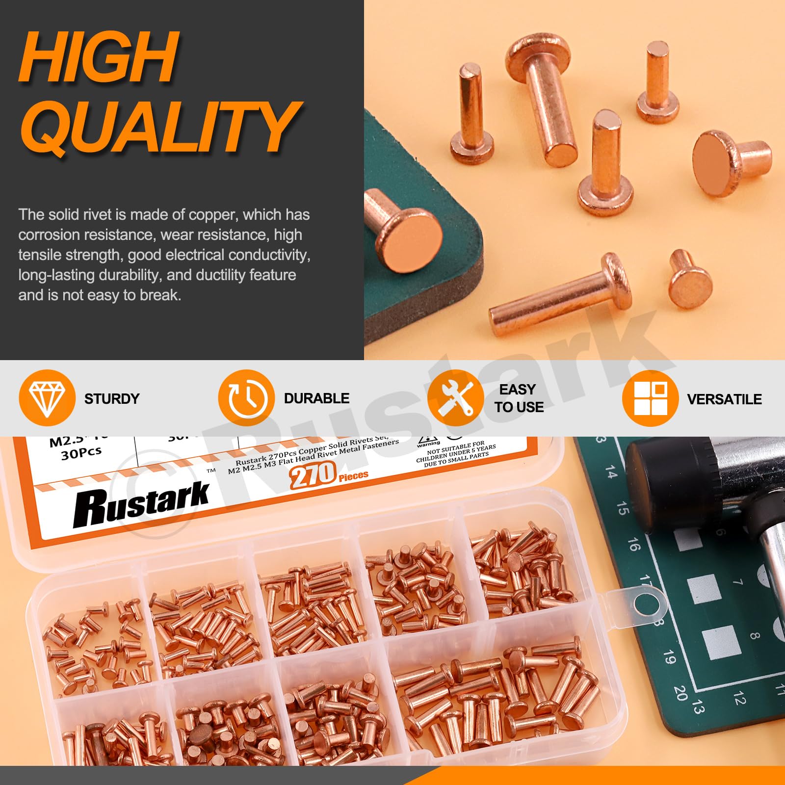 Snapklik.com : 270Pcs M2 M2.5 M3 Copper Solid Rivets Flat Head Copper ...