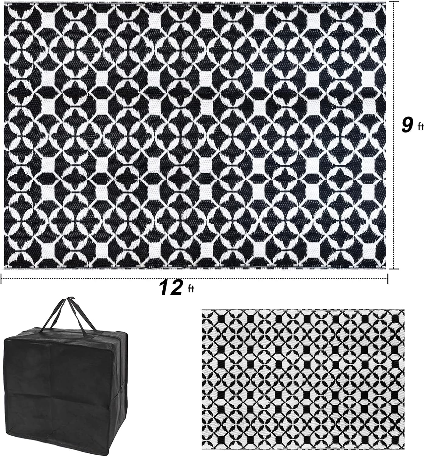 TIDYON 4 x 6 FT Outdoor Camping Rugs Plastic Straw Rug Reversible Mats RV Rugs Carpet for Outside Patio, Beach, Deck, Pool, Balcony (9 ' *12', White & Black)