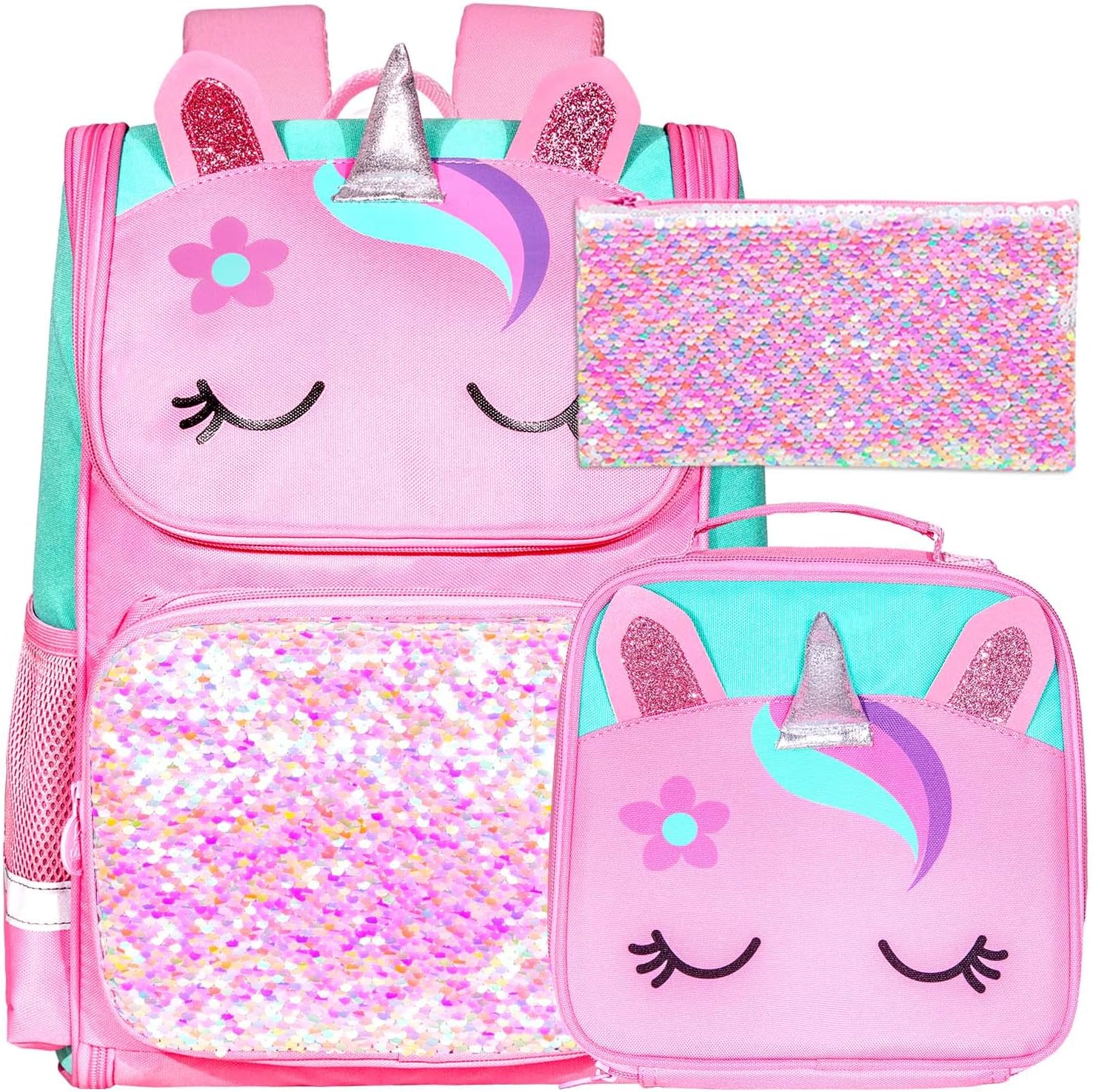 UFNDC 3PCS Unicorn Backpack for Girls, 15" Kids Sequin Bookbag with Lunch Box, Pink School Bag for Elementary Preschool Toddler - Image 8