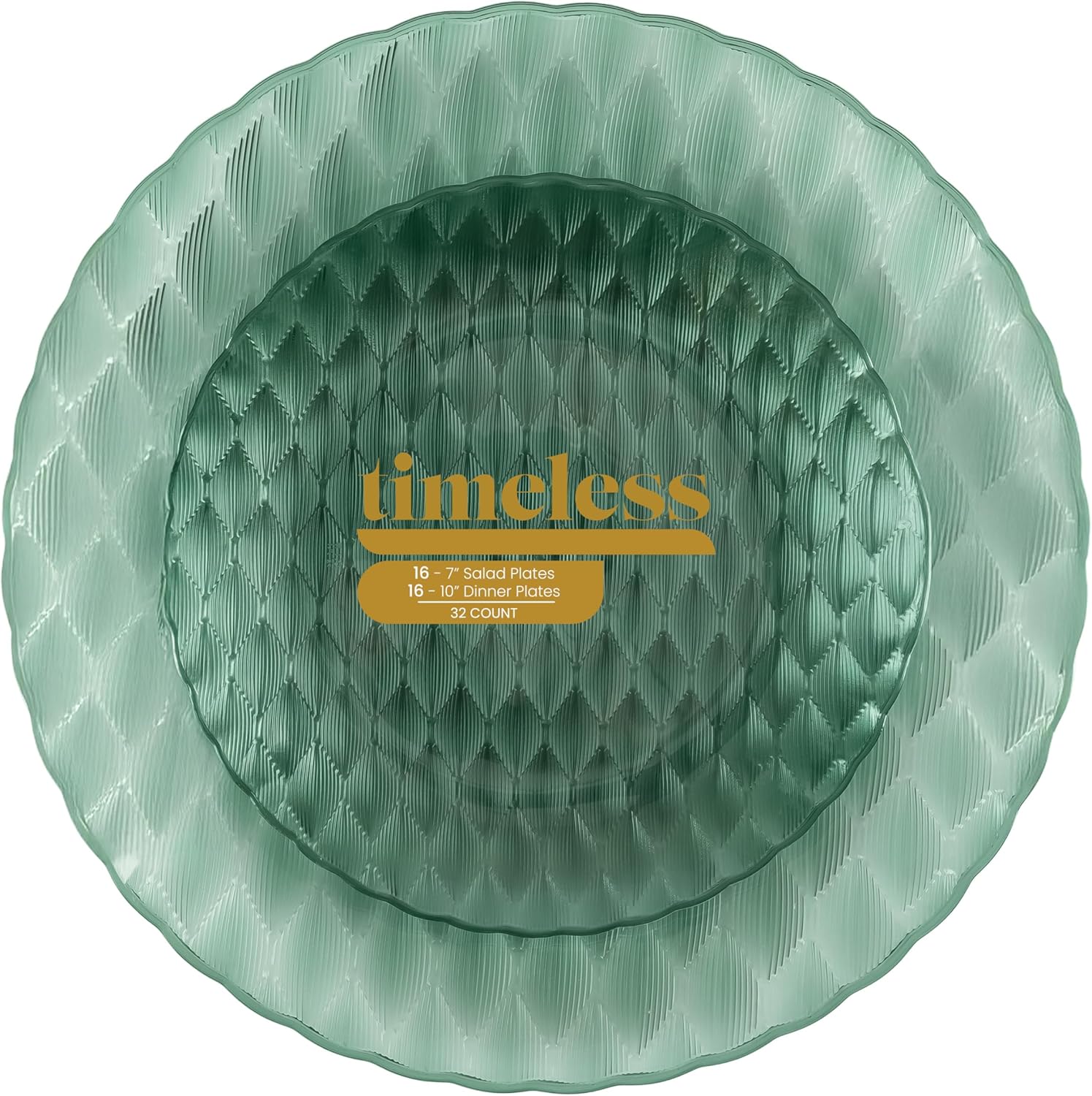 PLASTICPRO 32 Pack Plastic Dishes Set of 16-10 inch Plates and 16-7 inch Plates, Elegant Translucent Green Disposable Fancy Tableware Premium Heavyweight