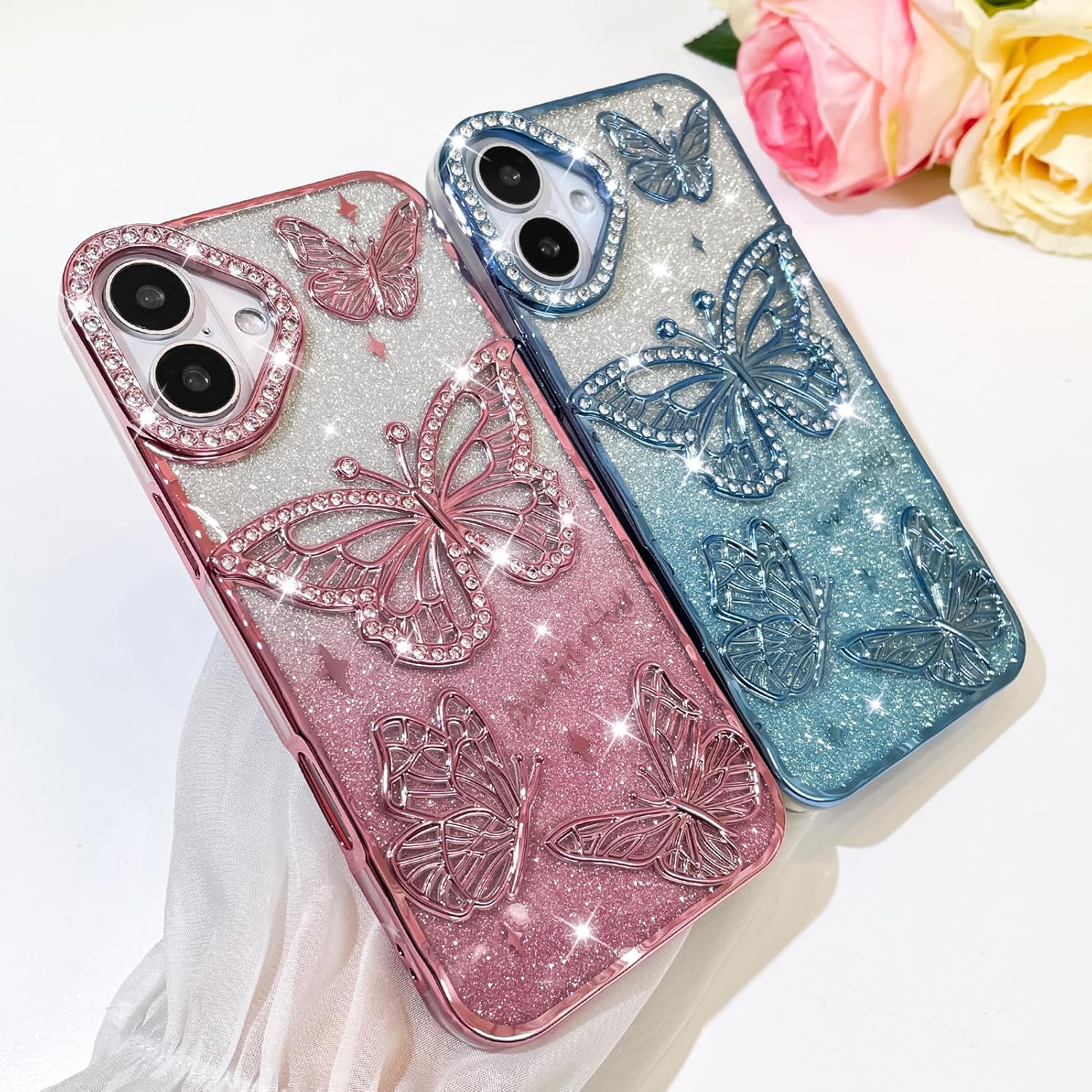 Bonoma Glitter Case for iPhone 16 Plus, Cute 3D Butterfly Pattern Plating Bling Case,Camera Protection Sparkly Slim Soft Back Cover for Women Girls,Pink - Image 2