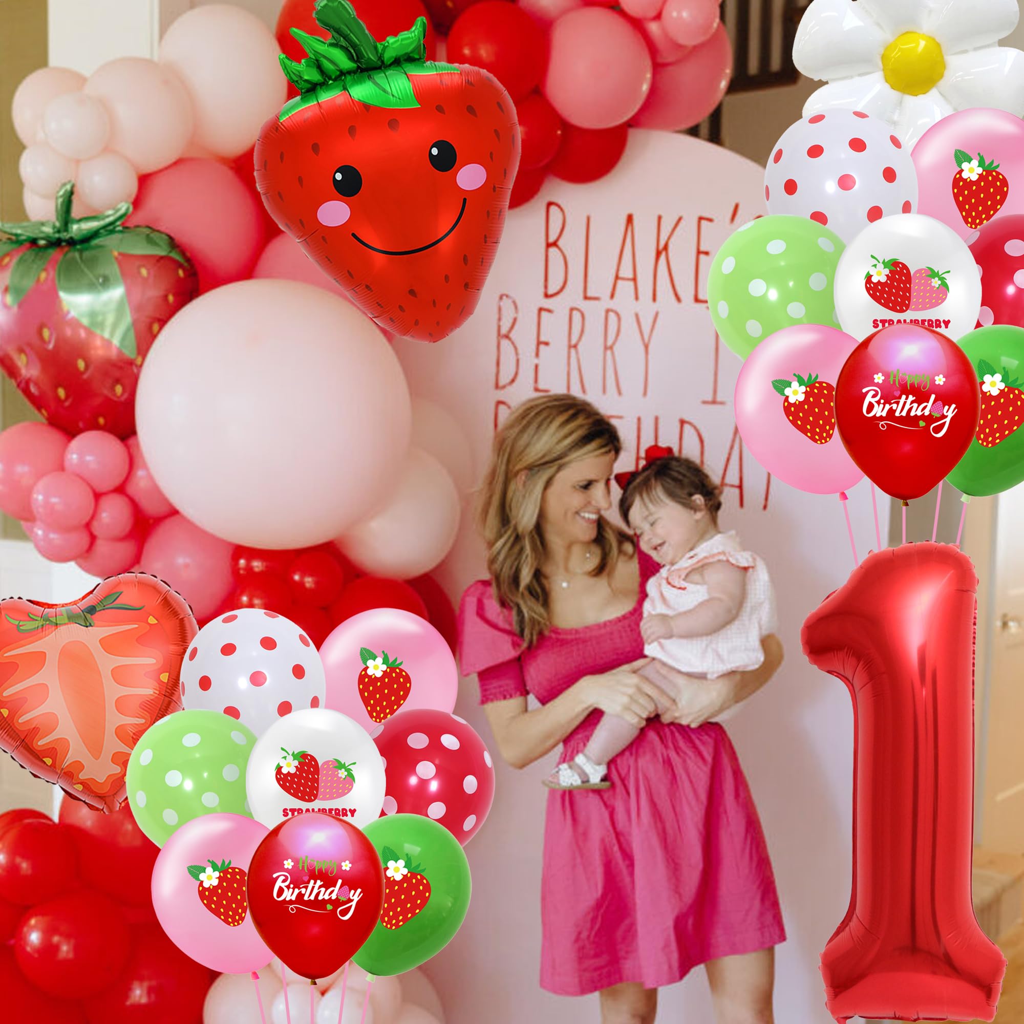 Palloncini Compleanno 1 Anno, Palloncini Compleanno Fragola, 84 Pezzi di Decorazioni Compleanno 1 Anno, Set Include Palloncino Numero 1, ONE Scatola Quadrata, Foto Banner Gennaio-dicembre