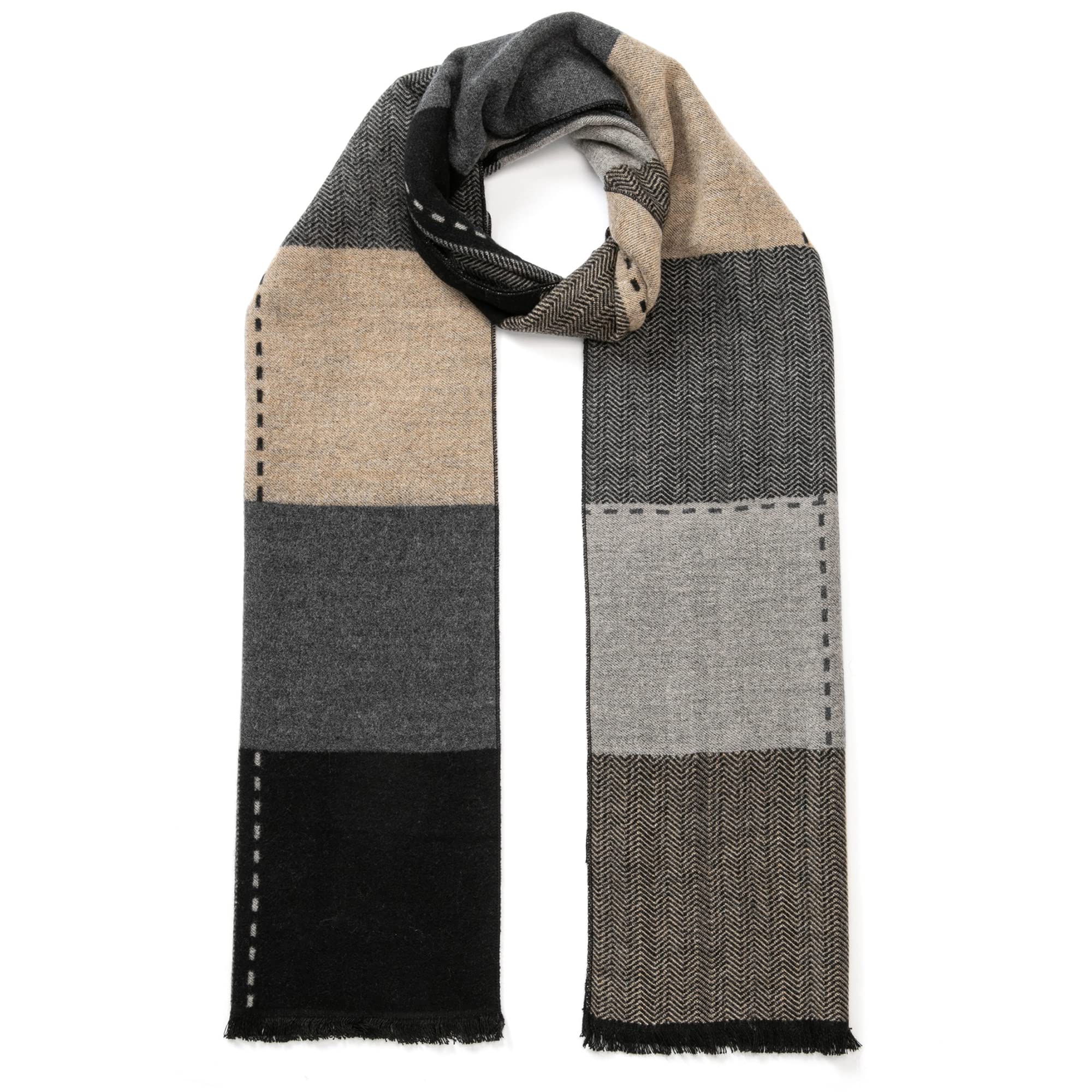 tonten Men's Winter Classic Australian Wool Scarf Warm Checked Lightweight Knitted Striped Scarves with Gift Box (Camel/Gray Checked)