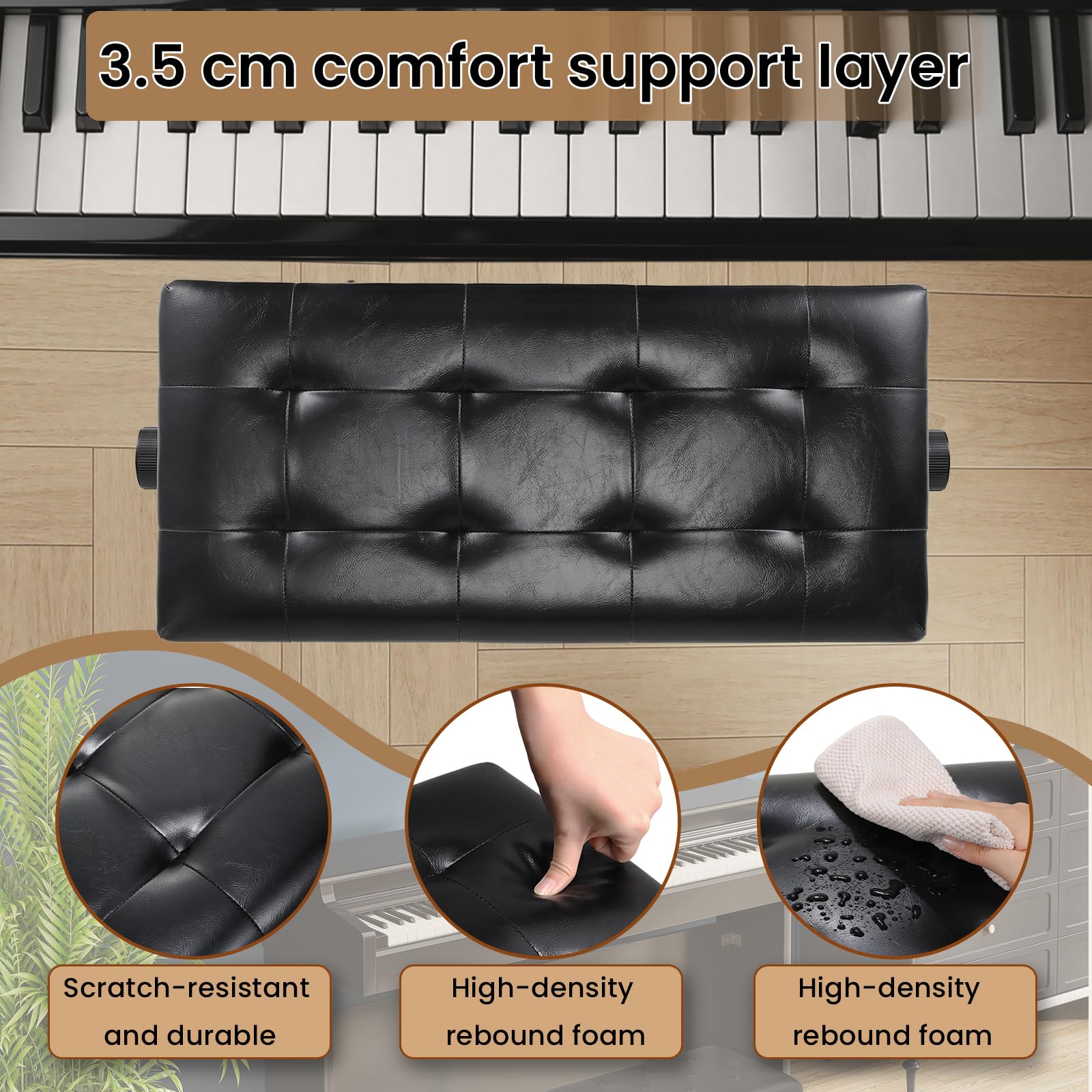 Clevich Banquette Piano Double Réglable en Hauteur, Banc de Piano avec Espace de Rangement et Coussin en Cuir PU, Charge maximale : 200 kg, Noir