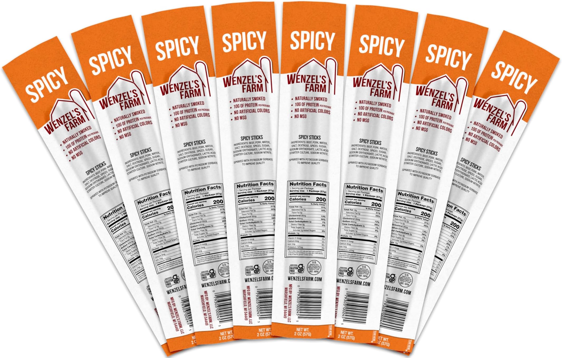 Wenzel’s Farm Spicy Sticks │Made in the USA Snack Sticks│ Flavorful, Natural Smoked │ High Protein, Low Carb │ No MSG, Fillers, Binders, Artificial Colors │ Gluten Free | 16 sticks (8 packs of 2)