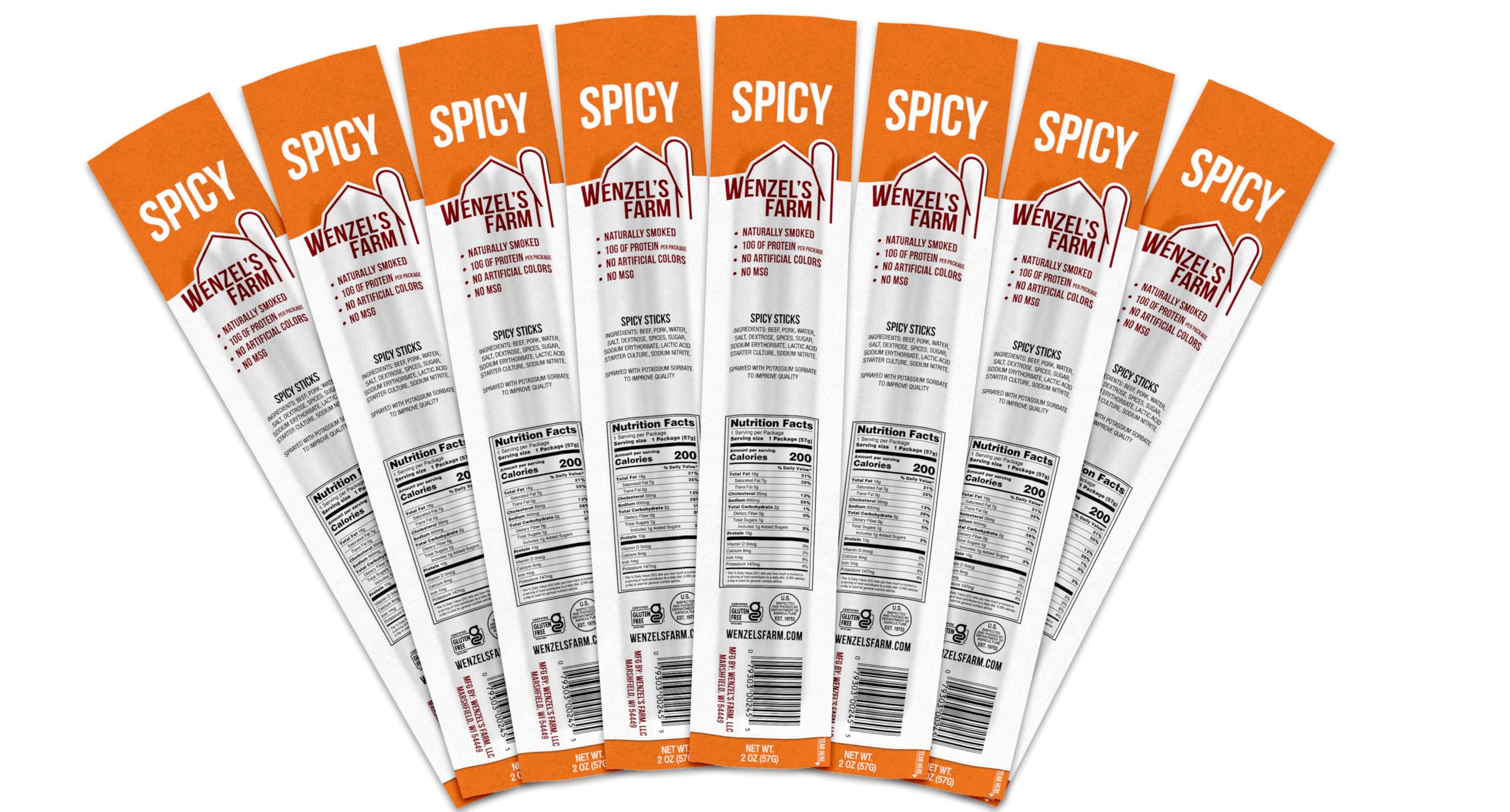 Wenzel’s Farm Spicy Snack Sticks │Snack Sticks │ Flavorful, Naturally Smoked │ High Protein, Low Carb │ No MSG, Fillers, Binders, Artificial Colors │ Gluten Free | 16 Sticks (8 Packs of 2)