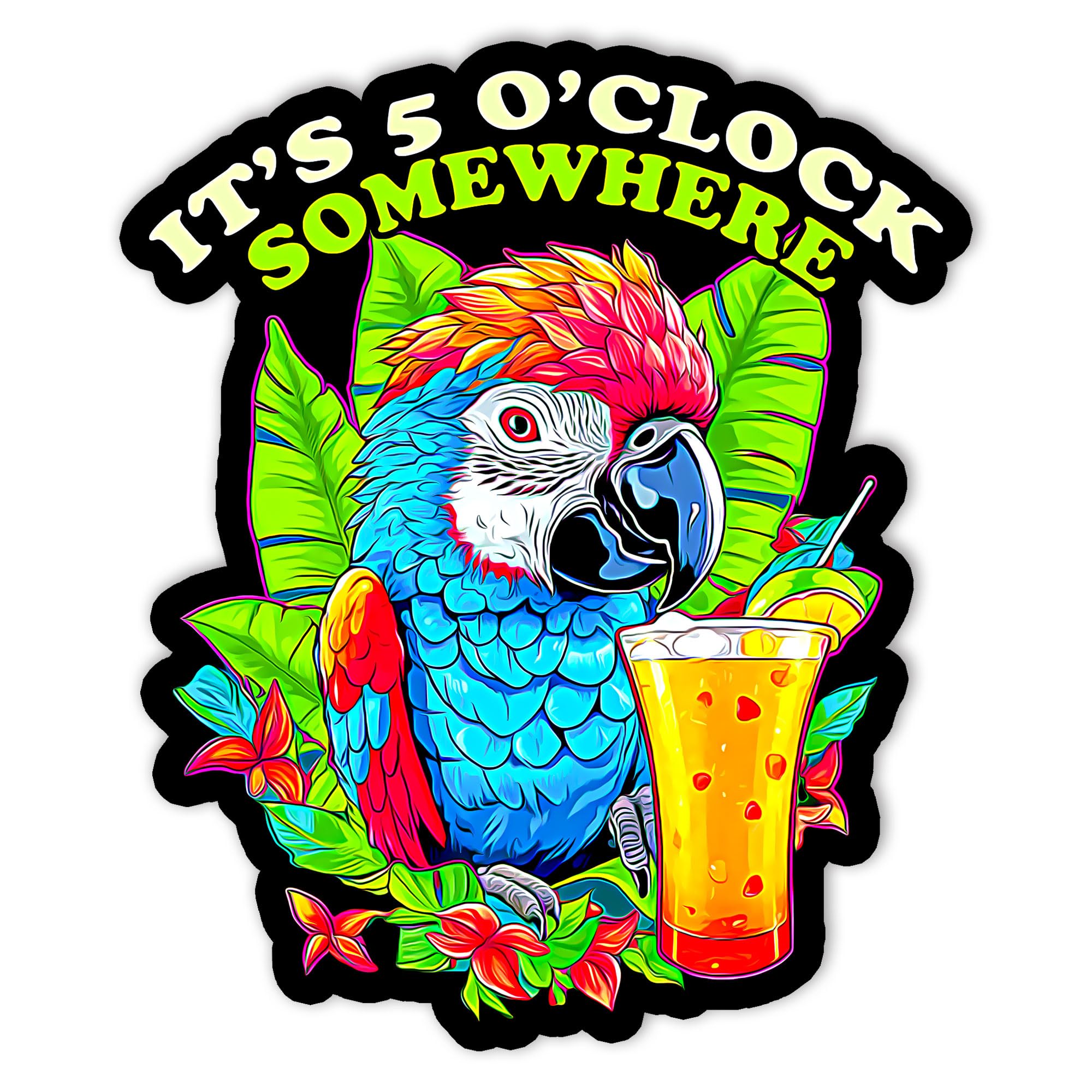 It is 5 O'clock Somewhere Parrots Drinking Margarita Stickers for Laptop, Guitar, Motorcycle, Bike, Skateboard, Luggage, Phone, Hydro Flask