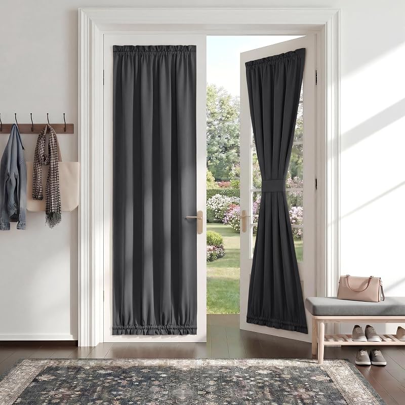 Blackout Door Window Curtains, W 25 x L 72 inch, 1 Panel | Dual Rod Pocket Grey Drape for Front Glass French Door, Privacy Thermal Insulated Room Darkening Curtain for Sidelight Window