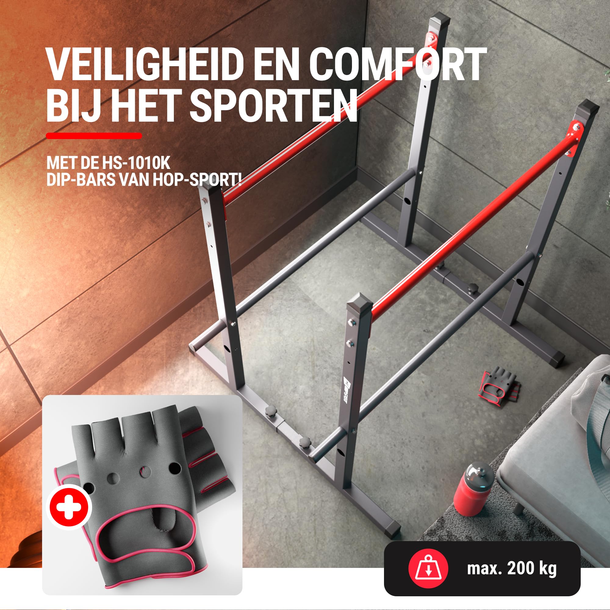 HOP-Sport® Barres parallèles Ajustables HS-1010K avec Gants, Station pour Pompes et dips en Acier, équipée de Pieds antidérapants, pour entraînements Musculation à Domicile