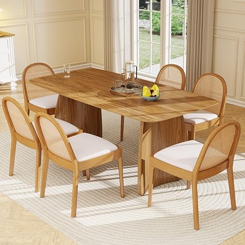 Miniatura 8 de LukeAlon Juego de 2 sillas de comedor de lino, sillas laterales de caña tejida natural con patas de madera maciza, sillas de comedor de mediados de